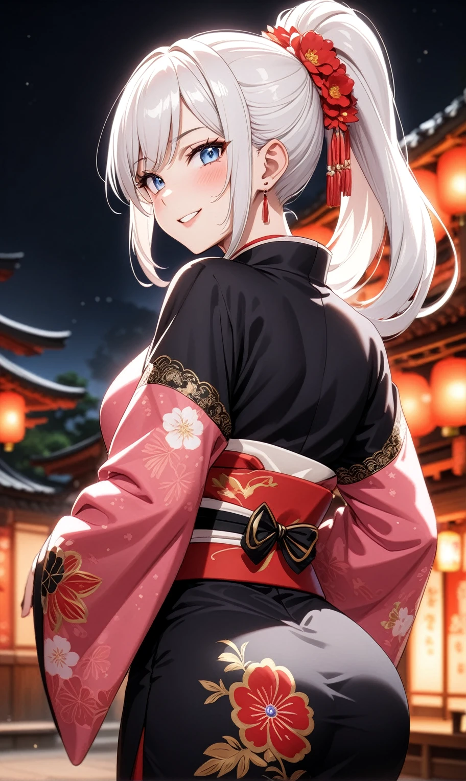 ((one personの女性)), Beautiful Face,Laughing in annoyance,((Wink:1.7)),Laughing with your mouth open,Bright red cheeks,Glossy pink lips,night,Shrine festival s高いs,((Anime style background)),masterpiece, highest quality, so beautiful, Latest, Complex details, (Pink long nails),AI-generated, Complex,High resolution, highest quality, super high quality,3D Images、View your viewers、3D Images,one person,Long white hair,High Ponytail,blue eyes,Anime woman posing for a photo, [[Fine grain、Colorful eyes、Shining Eyes:1.15]],(Squint your eyes:1.1),a hyperRealistic , hyperRealistic , Realistic,Anime woman with long and white hair, Smooth anime CG art, A woman in a colorful kimono with gold embroidery, (Black kimono),Red floral pattern,Long flower hair ornament,Big earrings,,Mature Body,Tall,Big Ass,Fine details,Narrow waist,(Face close-up:1.2),Look Back,(Recurve your hips)