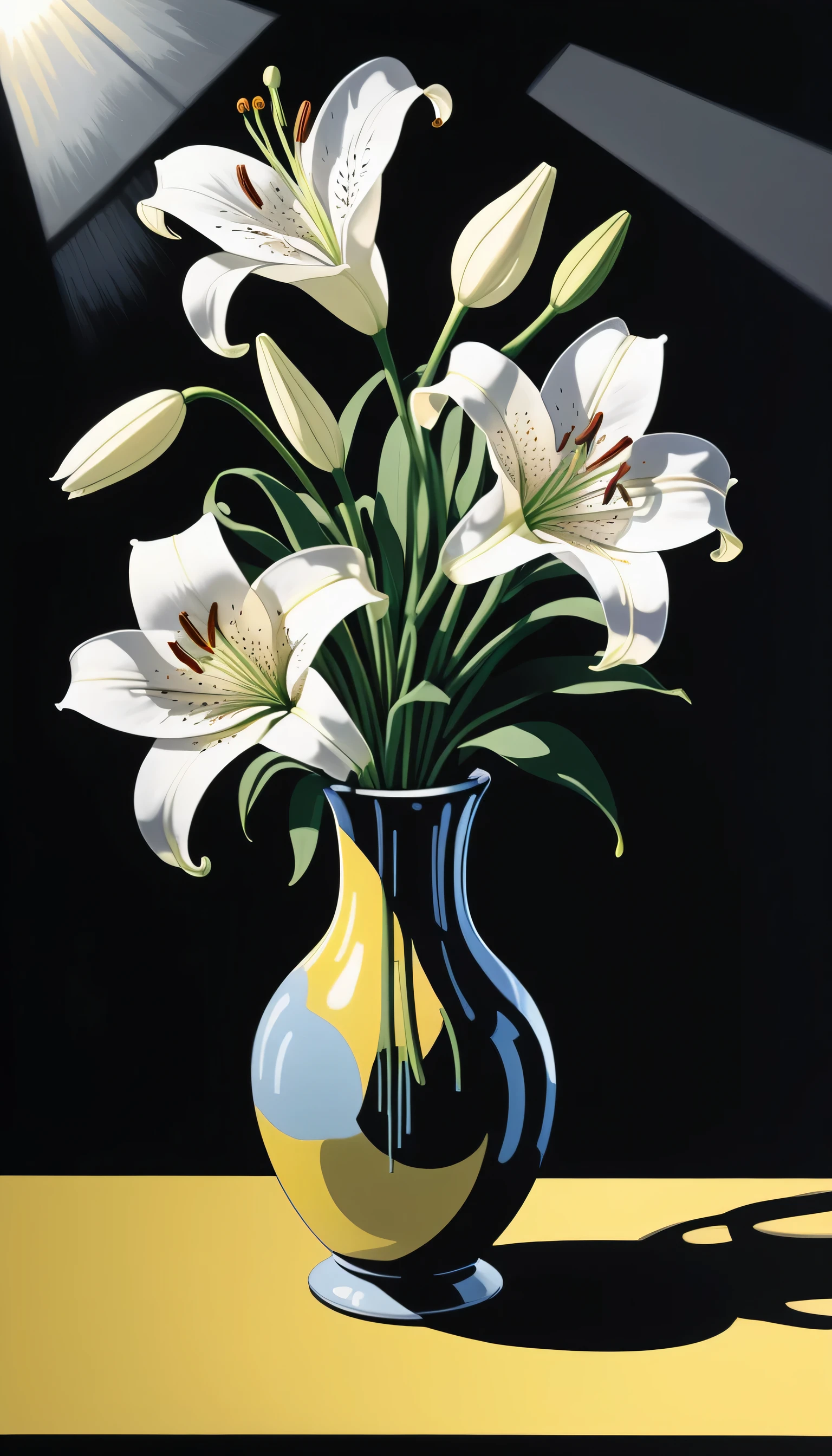 A single lily flower in a vase、White lily flowers, Pitch black room background、A ray of sunlight shining from the left makes the lilies shine.、 Conrad Rosette,, Highly detailed painting, Pop Art, Pop Surrealism , Pop Surrealism、
(Pop Art:1.4), drawing, Painting