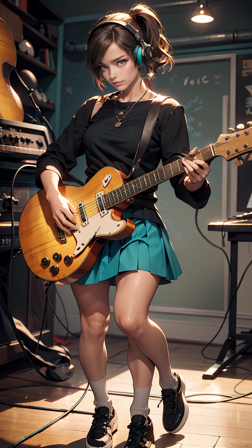 ((masterpiece, highest quality))One Girl, alone, Black Dress, blue eyes, electric guitar, guitar, Headphones, Double Ponytail, Holding, Holding plectrum, musical instrument, Long Hair, music, One side up, Turquoise Hair, Twin tails, guitarを弾く, Pleated skirt, Black Shirt, interior