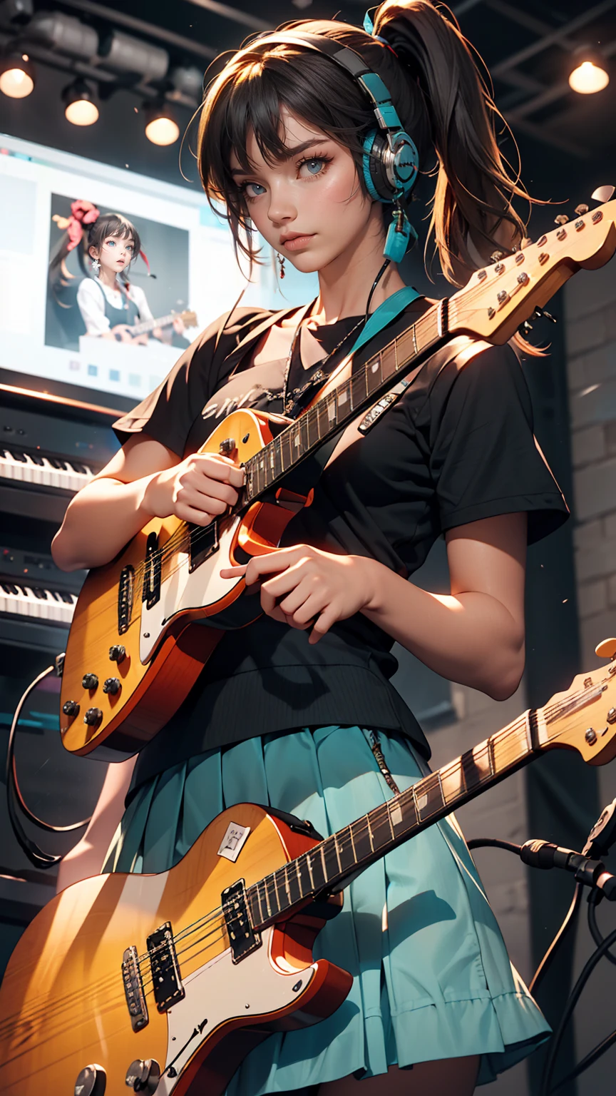 ((masterpiece, highest quality))One Girl, alone, Black Dress, blue eyes, electric guitar, guitar, Headphones, Double Ponytail, Holding, Holding plectrum, musical instrument, Long Hair, music, One side up, Turquoise Hair, Twin tails, guitarを弾く, Pleated skirt, Black Shirt, interior