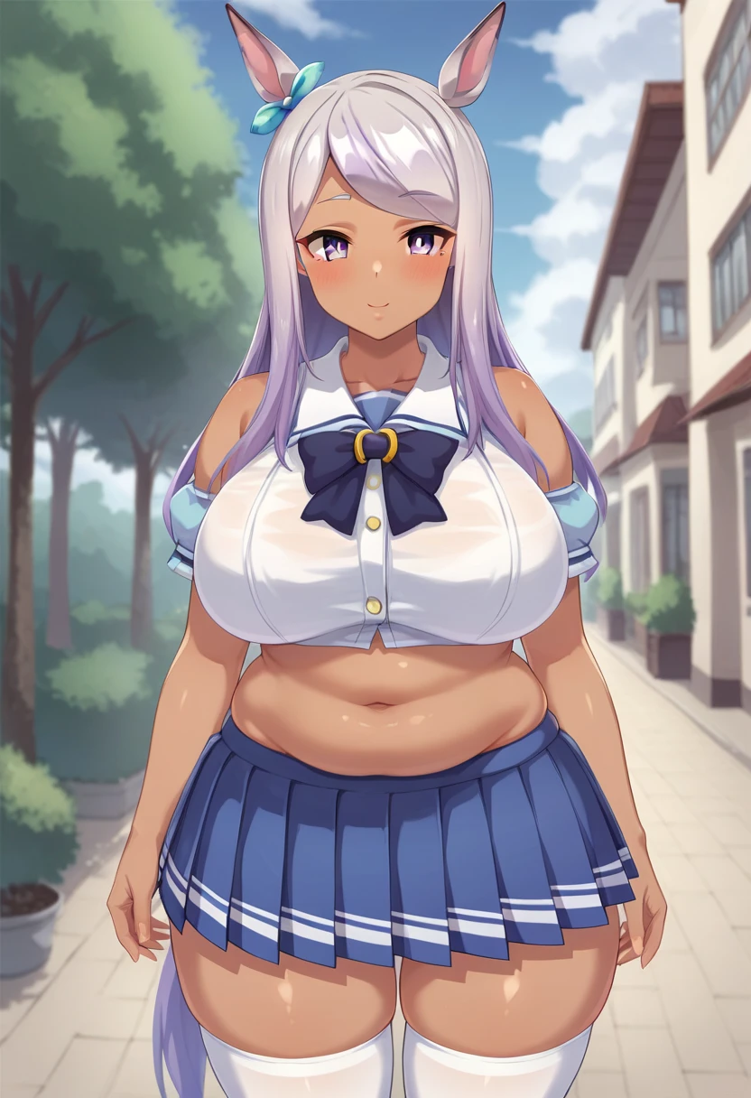 score_9, score_8_up, score_7_up, uncensored, source_anime, 1girl, solo, outdoors, school entrance, mejiro mcqueen \(umamusume\), summer uniform, white thighhighs, loafers, cowboy shot, smile, blush, huge breasts, wide hips, thick thighs, navel, midliff, chubby, plump, curvy, (platinum-blonde hair), sleeveless, bare shoulders, revealing clothes, metalic tan, shiny skin, oily skin, dark skin, dark-skinned female