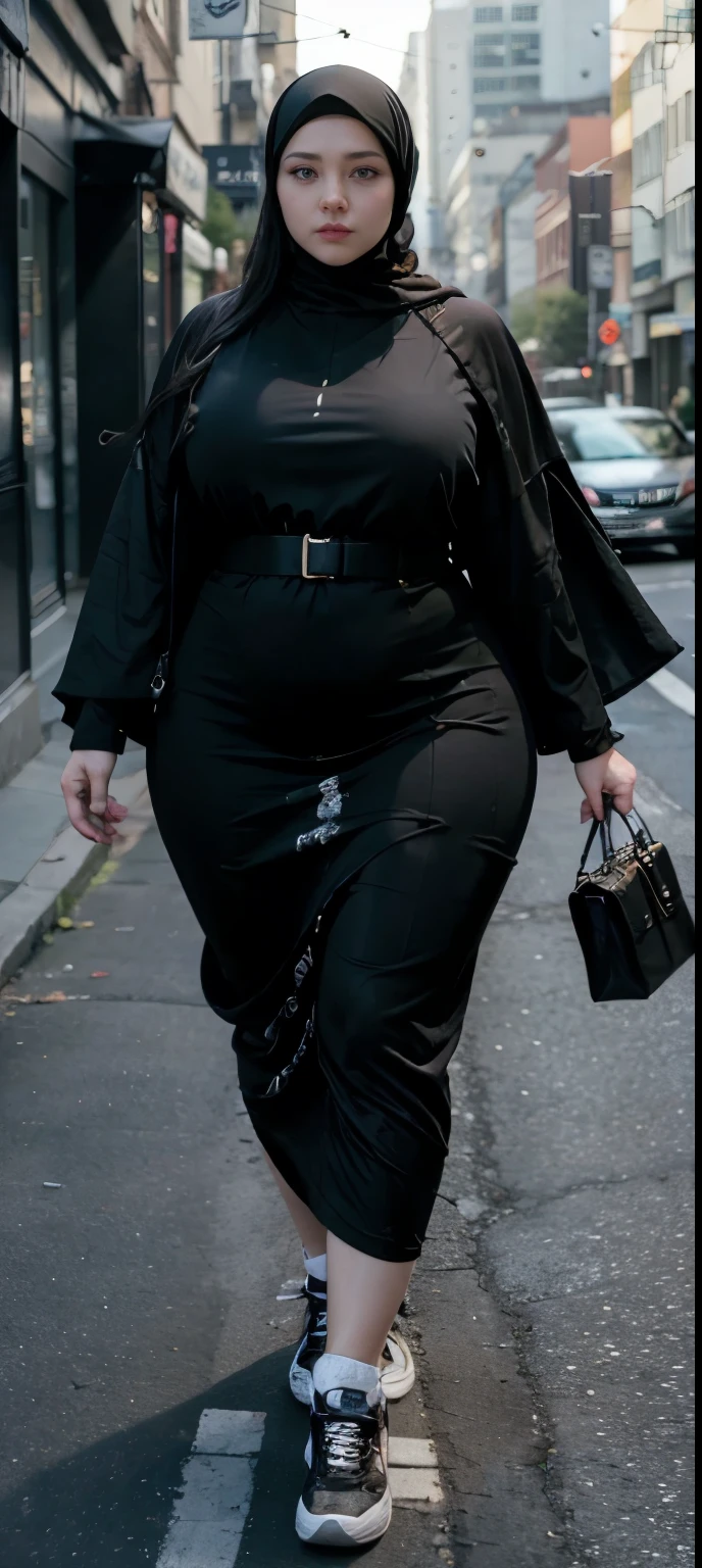 Milky white skin woman in black dress and hijab walking down the street, ,  hijab outfit, ,  hijab fashion model, plus size, plus size woman, ,  woman in black robes, beautiful woman, thicc, black outfit,, bbwchan , white sneakers , Height 170 cm, beautiful woman, with a beautiful appearance, a very beautiful masterpiece, a masterpiece of art, good lighting, Bright colors, Clean lines