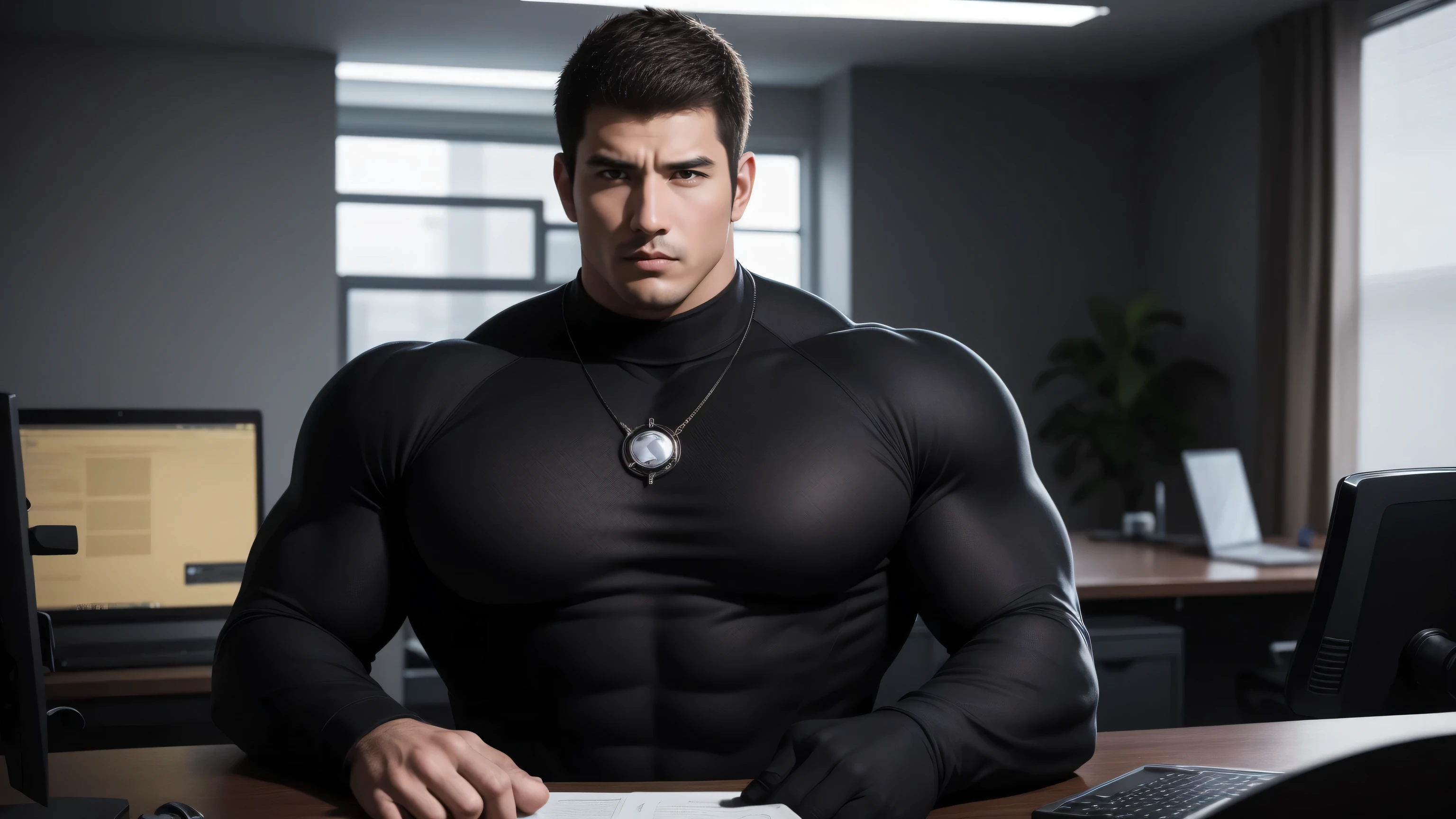 1 super muscular man, Serious expression,Sitting in the office,Work with a laptop,Buzz Cut,In a luxurious office, Wear a long-sleeved, deep turtleneck bodysuit, Thickened warm elastic texture,Clothes are very dirty with mud stains,The expression is arrogant, Thick thighs, Messy hair, Thick thighs, High-necked long-sleeved dark yellow high-necked tights, very tight, Regular symmetrical pattern, Highlight muscles, Police uniform pants, character concept(Resident Evil - Chris Redfield, Chris Redfield)A proud expression, Deep and charming eyes, Heroic male pose, tall Burly, muscular!muscular thighs, tough guy, perfect facial features, High, Burly, Heqiang, Super polished and cool, High Resolution Committee, Charismatic, Sunlight through the window, shine on body