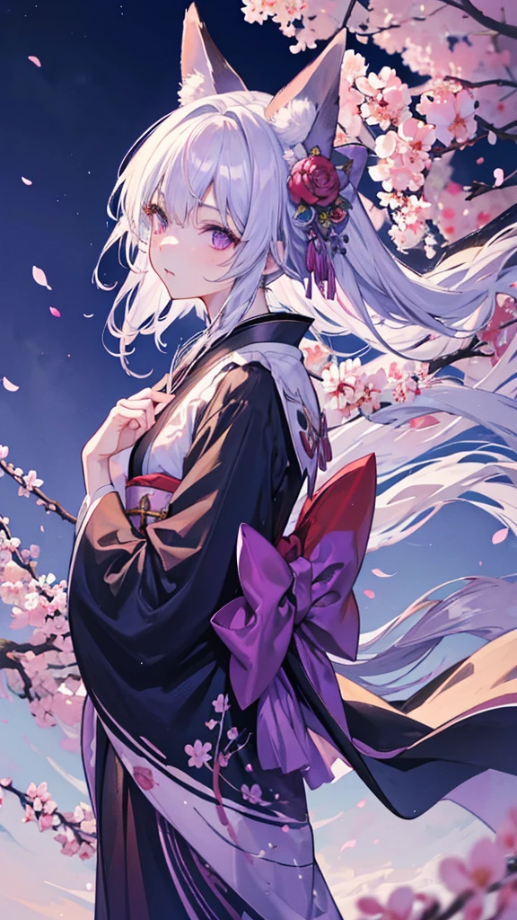 masterpiece, highest quality, highest quality, High resolution　Silver Hair　Fox ears　Beautiful boy　Purple Eyes　Black kimono　Upper Body　full moon　cherry blossoms　Hair blowing in the wind　