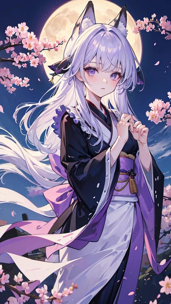 masterpiece, highest quality, highest quality, High resolution Silver Hair Fox ears Beautiful boy Purple Eyes Black kimono Upper Body full moon cherry blossoms Hair blowing in the wind