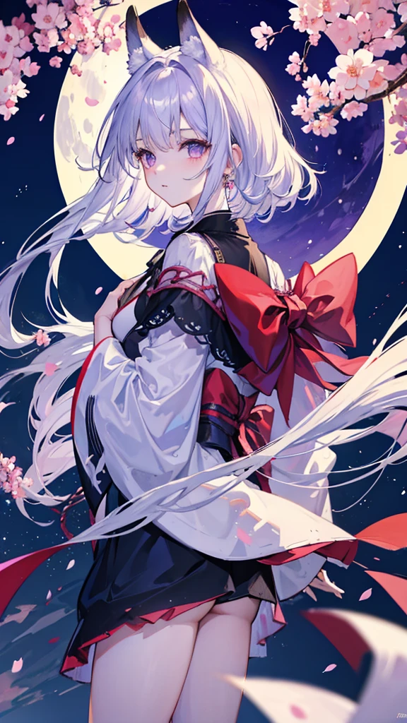 masterpiece, highest quality, highest quality, High resolution Silver Hair Fox ears Beautiful boy Purple Eyes Black kimono Upper Body full moon cherry blossoms Hair blowing in the wind