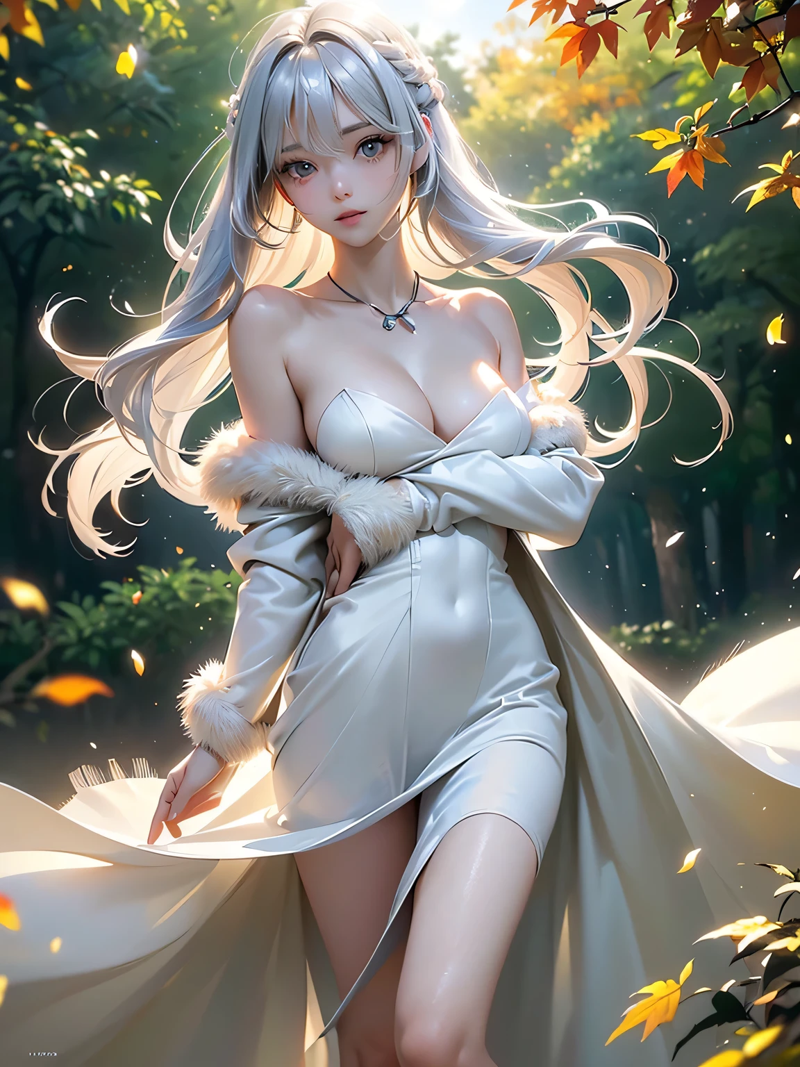 ((masterpiece:1.5、8k、Portraiture、Photorealistic and very detailed CG、Very detailed、Particle Effects、Dynamic Effects、Shallow depth of field、Cinematic Light、Lens flare、Ray Tracing、Tabletop、Realistic:1.4、超A high resolution:1.2、Realistic、Realistic))((alone、,Woman wearing an off-the-shoulder fur sweater:1.4、Elegant woman posing、Detailed face、brightexpression、young, bright, Whiter skin、Ample breasts、Best Looks、Ultimate beauty、Shiny silver hair with highlights、bright and shiny hair,、Super long, Silky straight hair、Hair dancing in the wind))(A tree of light stretching to the sky、Shiny leaves fall、Morning Dew、It's shining brightly)