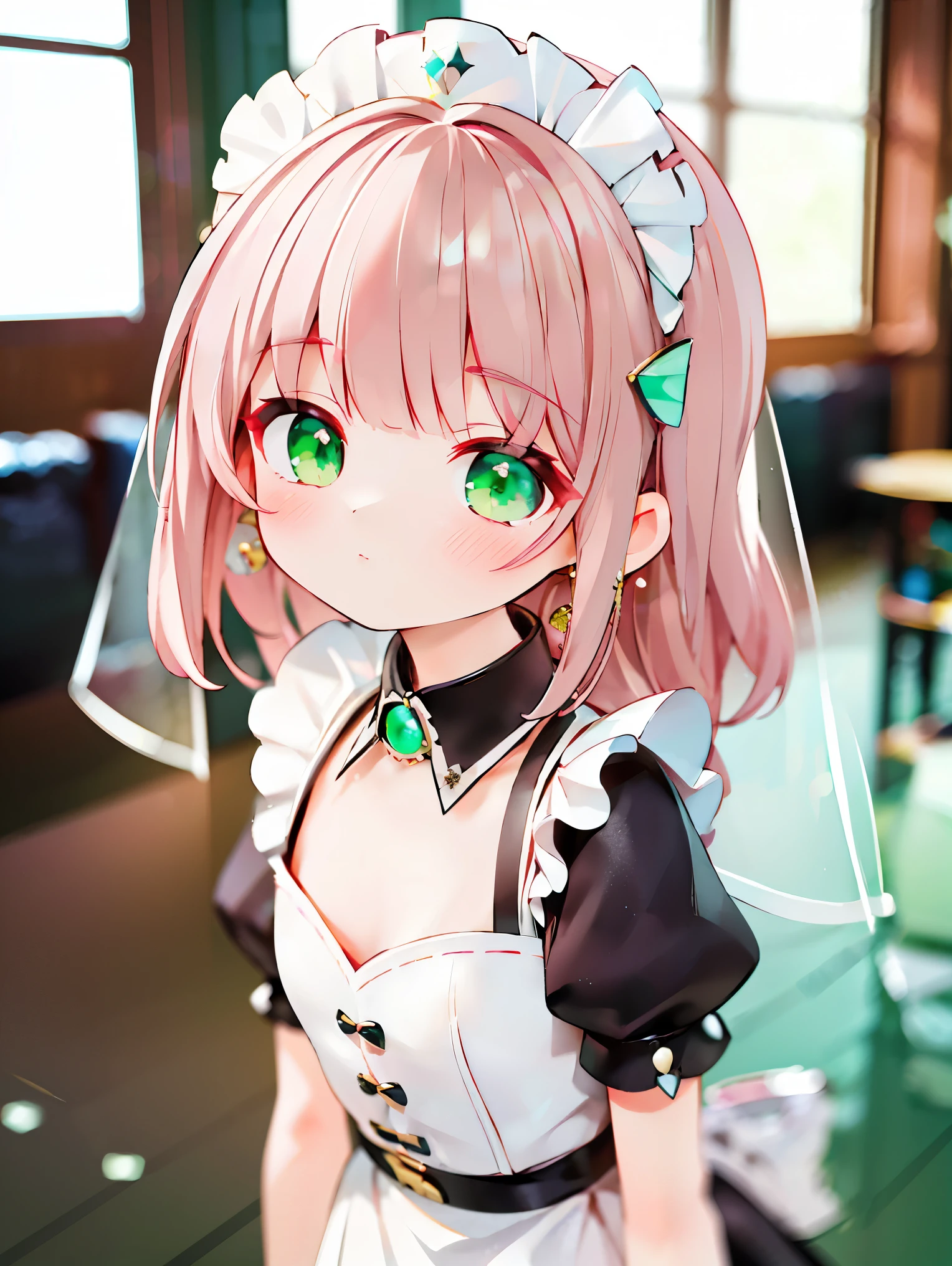 {{{{masterpiece}}}},{{{emaiti}}}, {{{Super detailed}}}, {{{high resolution}}}, {{good anatomy}}, (((best quality))),((emerald and green eyes,brown hair)),{{Extremely detailed and refined}}, {4k CG wallpaper}, {{illustration}}, ((pearl pink hair,JK)),((looking out a window,in cafe)),(((face portrait,detailed face,bigger eyeballs,standing,bust,standing))),(curly hair|long hair|Detailed hair|blunt bangs|shiny hair),(((maid uniform,maid dress,head veil,neck collar,ear rings))),{{{emotionless face,mature}}},(lesbian,JK,1 woman:1),(small breasts),masterlighting,standing on the edge of mountain,((The details are complex、Shallow depth of field、movie lighting、Reflectors、a Canon EOS R5、50mm lens、f / 2.8、shot at 8k resolution))