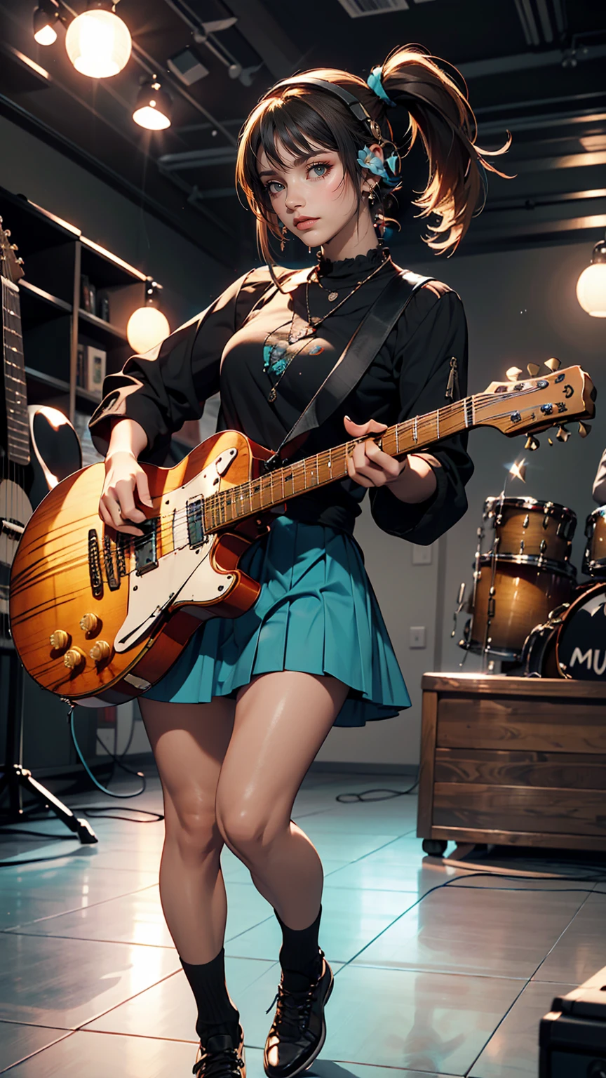 ((masterpiece, highest quality))One Girl, alone, Black Dress, blue eyes, electric guitar, guitar, Headphones, Double Ponytail, Holding, Holding plectrum, musical instrument, Long Hair, music, One side up, Turquoise Hair, Twin tails, guitarを弾く, Pleated skirt, Black Shirt, interior
