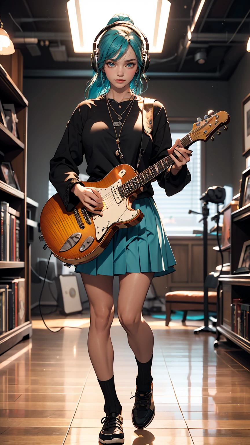 ((masterpiece, highest quality))One Girl, alone, Black Dress, blue eyes, electric guitar, guitar, Headphones, Double Ponytail, Holding, Holding plectrum, musical instrument, Long Hair, music, One side up, Turquoise Hair, Twin tails, guitarを弾く, Pleated skirt, Black Shirt, interior
