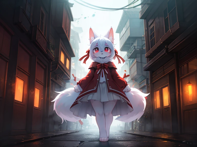 Hallucination, daydream , bokeh , ghost , A dense foggy Alley leading to purgatory , White face, big eyes and a red ribbon , Smooth and soft fur , hell kitty 