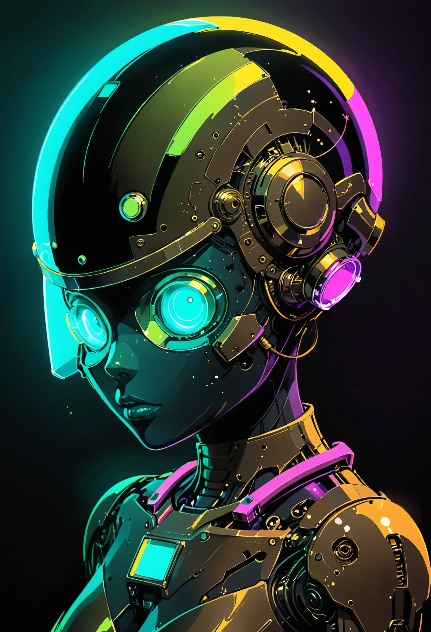 in style of Ashley Wood,(in style of Conrad Roset:1.3),
painting,drawing by Conrad Roset close up, a helmet  robot ,(gradient color mask glass:1.3),(darkorchid neon glowing:1.7),( (glowing neon glass transparent helmet:1.8),there is no facial contour),(the robot is aged with moss on its rusty bronze armor:1.2),night,moonlight shadows,dramatic lighting,gradient pop surrealism,pop art [(details:1.2): [ (many small details:1.3) : [ (many ultrasmall details: 1.2):(very detailed ultrasmall edges and microrelief:1.5):0.7 ]: 0.4 ] :0.2],
BREAK
Detailed,(darkness:1.5),(very detailed shadows:1.5),absolute shadows,absolute darkness,
