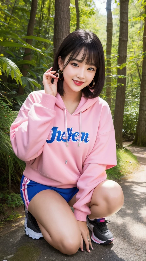 (8k, Photorealistic, Raw photo, Highest quality: 1.4),Japanese idol style１Beautiful girl of the person,18-year-old,Short bob hairstyle,Black Hair,Hang your hair over your ears,Wearing small earrings in the ears,Big, clear grey eyes,Long eyelashes,Plump Cheeks,Wearing pink lipstick,Apply gloss over your lipstick for glossy, plump lips,Both hands have pink nail polish on their nails,Smiling,Wearing sportswear made of jersey tops and bottoms,Wearing sports shoes,She is surrounded by the gentle sunlight filtering through the trees.,Full body portrait