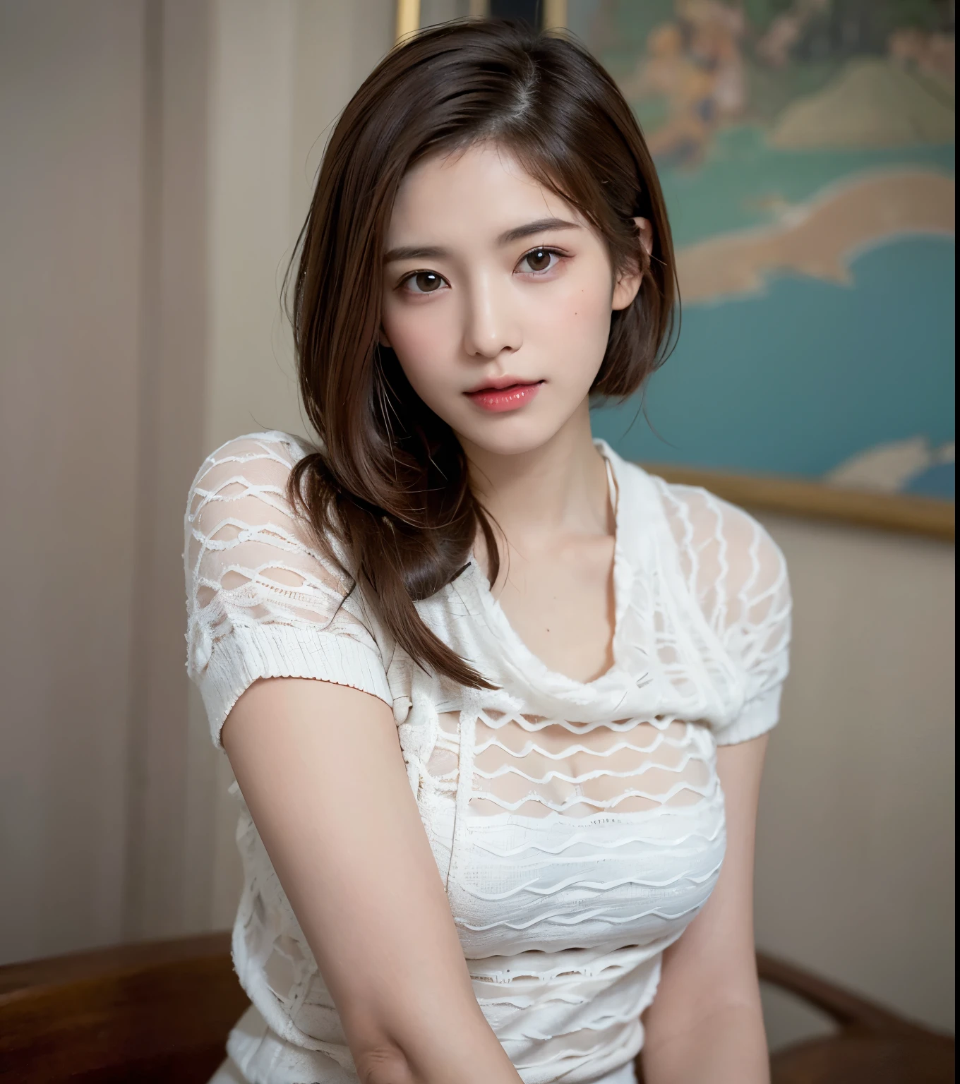 (​masterpiece:1.3), (8K, Photorealsitic, Raw photography, Top image quality: 1.4), Japan high school girls、(Random hairstyles:1.2)、cleavage of the breast:1.2、Super Detail Face、Eye of Detail、double eyelid、Bring your chest together、sharp focus:1.2、prety woman:1.4、light brown hair、top-quality、​masterpiece、超A high resolution、(Photorealsitic:1.4)、Highly detailed and professional lighting smile、Loose and light knitwear、Shoulder out、slender、serious facial expression、short-haired、Fatal position