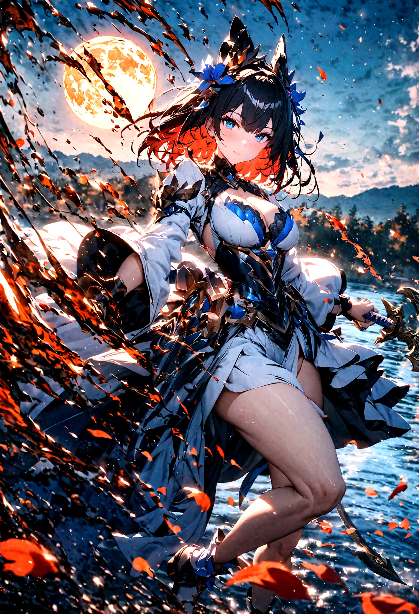 the garden of sinners，ryougi shiki，female，white kimono，short flowing black hair，look back sideways，stand on the lake，wielding a katana，make a splash，full body，moonlit night, massive moon，a firm and soft look，cool colors，blue and white，best picture quality，uhd，virtual engine，octane rendering，bloom, details，ambient light shading，depth of field effect, kirlian photography