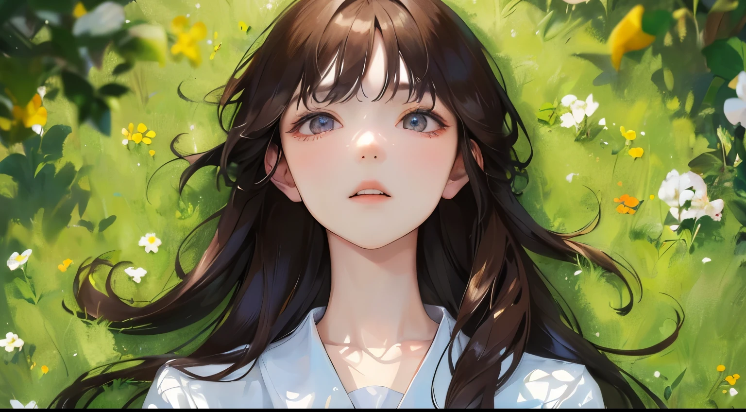 (((grassland)))、(((View from above)))、((1 person)),Masterpiece,best quality, ((Looking up at the blue sky))), ,((White shirt))、((grasslandの背景))、((Expressionless)),determined expression, Upper body diagram、 (Highest Resolution、Clear_image)、Best Quality、Light and shadow contrast、((illumination))、Very detailed、Semi-realistic、Semi-long hairstyle、Brown Hair、bangs、19 years old、 Lady,,young、((View from below))、Delicate Facial Features