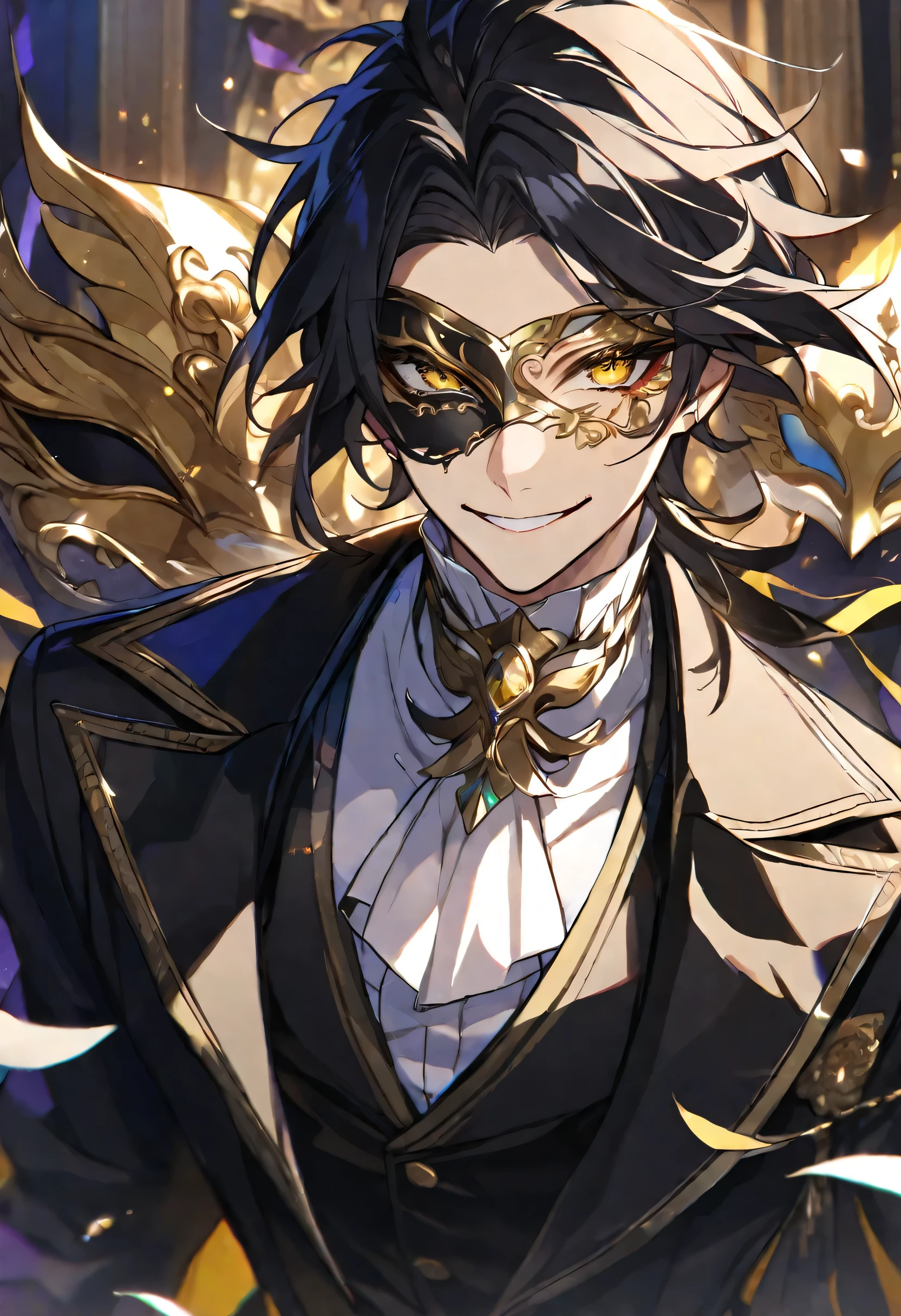 Solo, male, black hair, yellow eyes, white half mask, smile facial, white shirt, black vest, black coat, masquerade