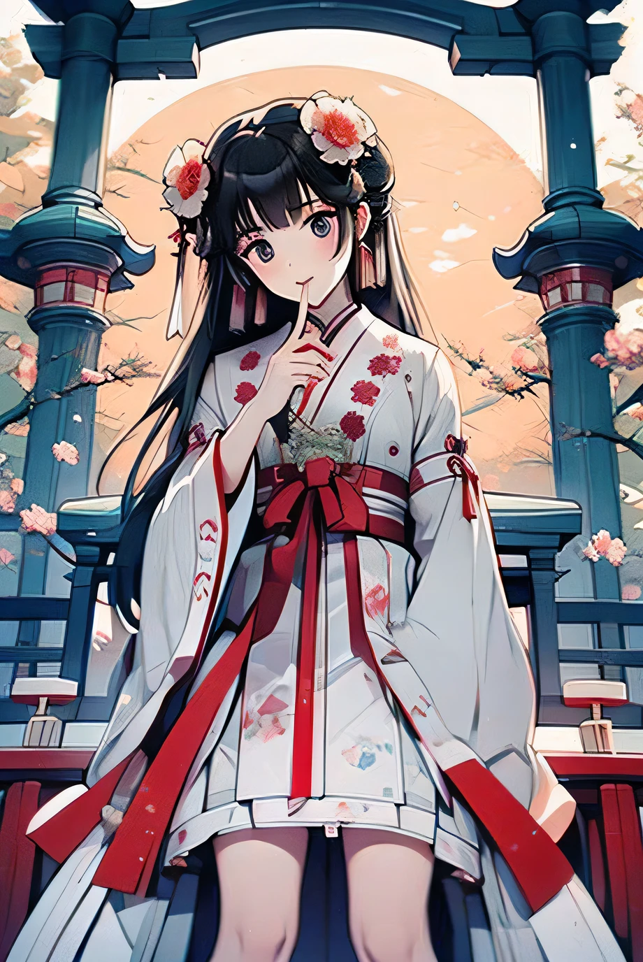 Shrine maiden、prayer、Looking up at the sky、(Beautiful woman、Perfect Fingers、Perfect legs、High resolution)、torii、shrine、Colorful