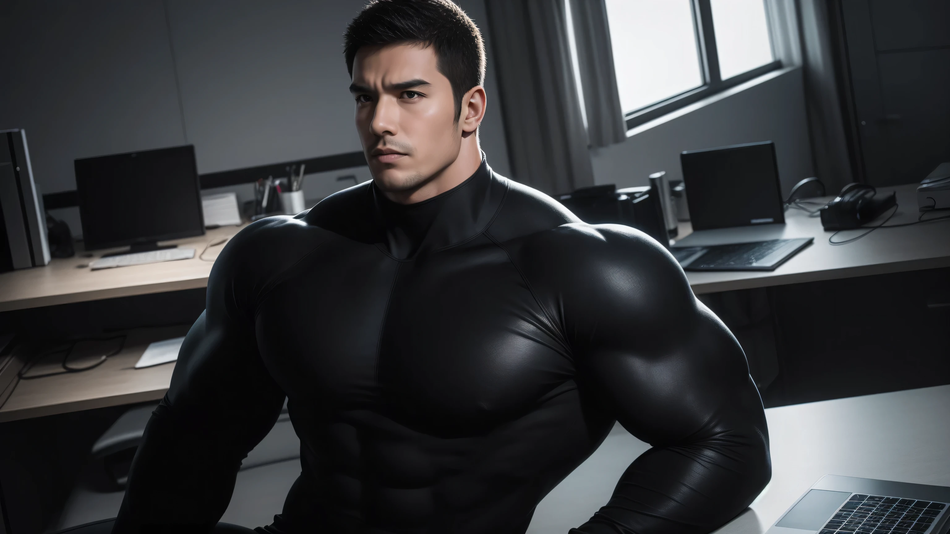 1 super muscular man, Serious expression,Sitting in the office,Work with a laptop,Wear sunglasses,Buzz Cut,In a luxurious office, Wear a long-sleeved, deep turtleneck bodysuit, Thickened warm elastic texture,Clothes are very dirty with mud stains,The expression is arrogant, Thick thighs, Messy hair, High-necked long-sleeved dark yellow high-necked tights, very tight, Regular symmetrical pattern, Highlight muscles, Police uniform pants, character concept(Resident Evil - Chris Redfield, Chris Redfield)A proud expression, Deep and charming eyes, Heroic male pose, tall Burly, muscular!muscular thighs, tough guy, perfect facial features, High, Burly, Heqiang, Super polished and cool, High Resolution Committee, Charismatic, Sunlight through the window, shine on body
