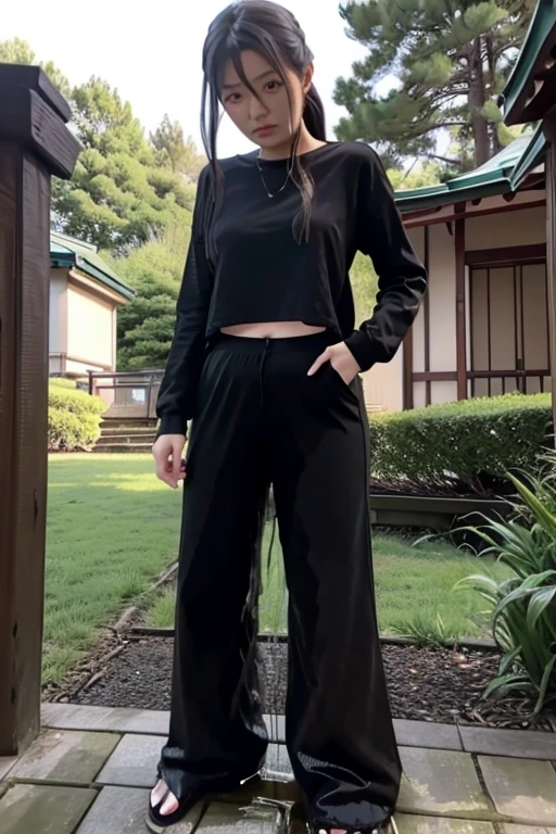 Japanese Girl sees the ghost and pees her black palazzo pants until her pants are wet in fright.