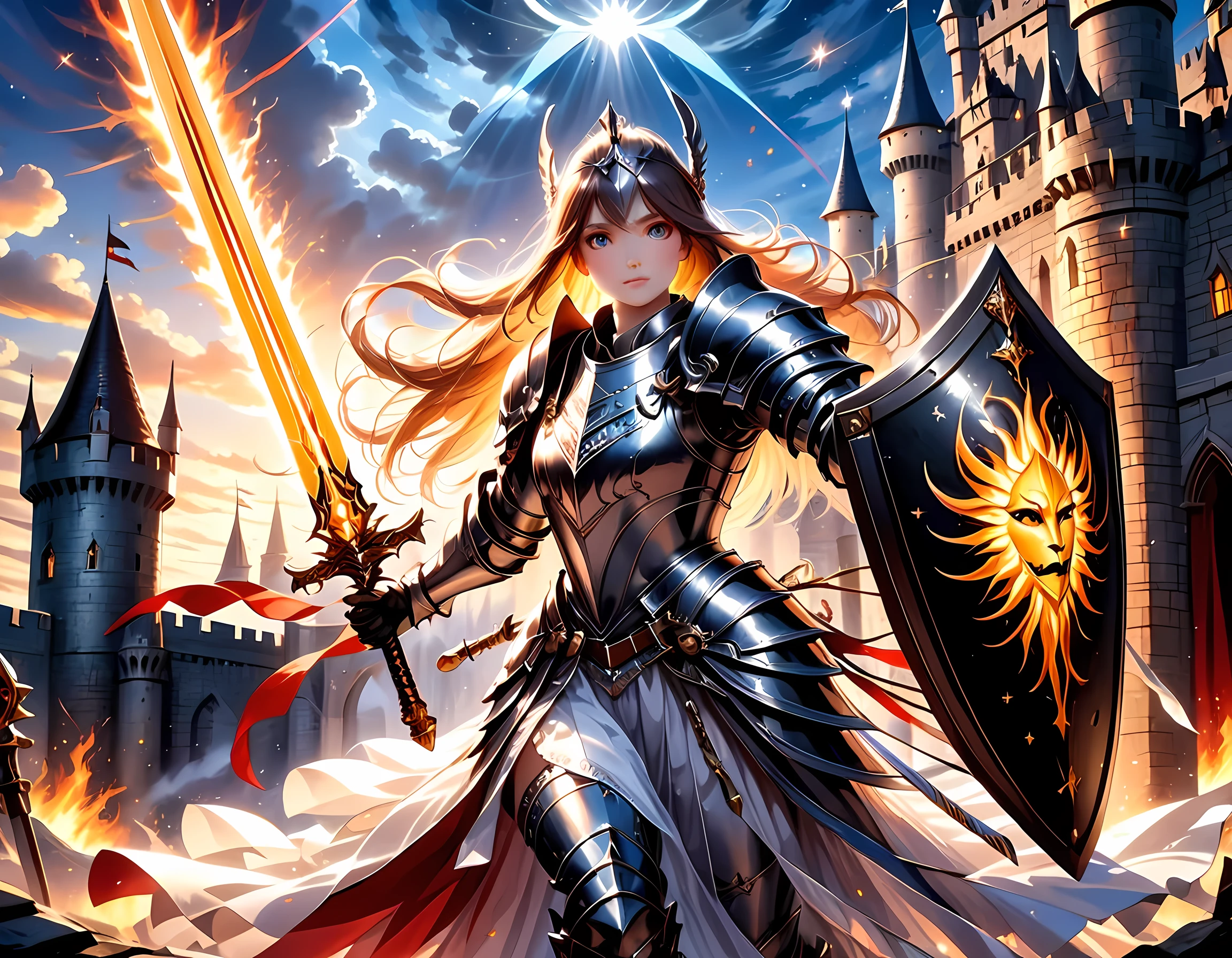 16k, ultra detailed, masterpiece, best quality, (extremely detailed), arafed, dnd art, panoramic view, full body, a single1 lady knight standing on the all of the castle as the sun rises, she is holding sword and shield, you see only the silhouette of knight, intense eyes, ultra feminine, ultra detailed face, (Masterpiece, intense details:1.5), (anatomically correct: 1.5), determined face, sky are switching day and night, the sun is rising, suns, some stars, rays of dawn, fantasy castle background, Wide-Angle, Ultra-Wide Angle, 16k, highres, best quality, faize, Sword and shield