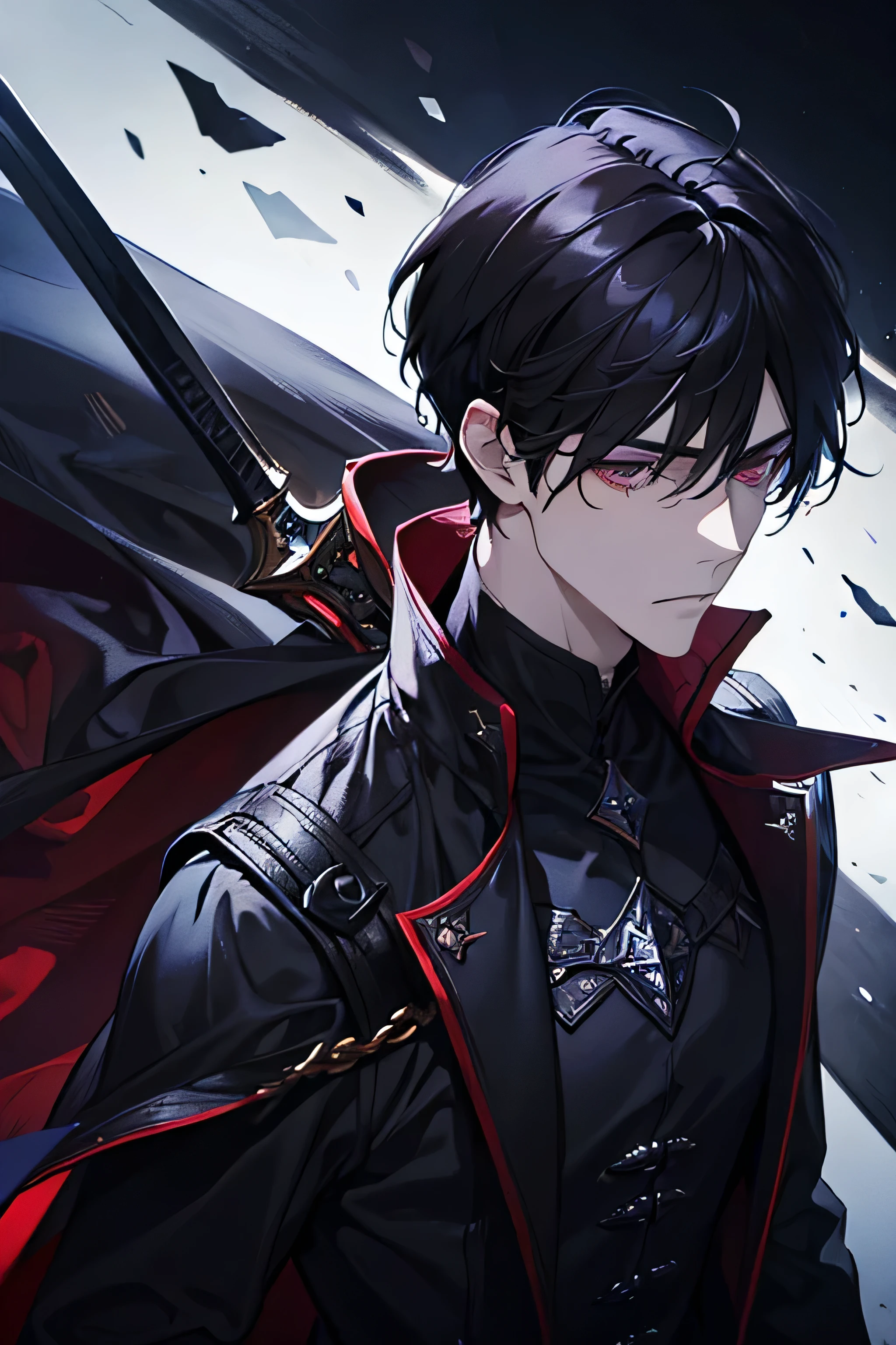 1male, dark sorcery, adult, mature face, handsome, short black hair, bangs, dark red eyes detailed eyes, medieval times, condescending, calm expression, ((masterpiece )), holding a black sword.