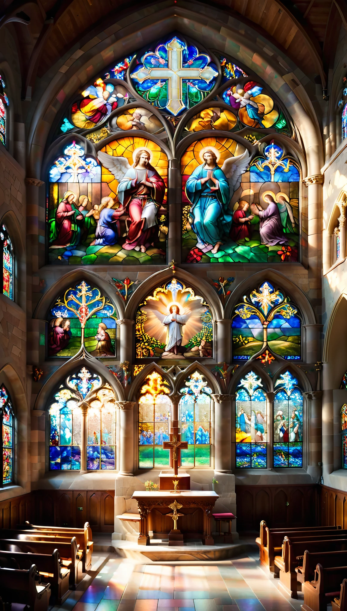 Generate an image from an angle overlooking the interior of the church. The time is noon, when the sun is shining high, and its light shines through the colorful stained glass into the interior of the church. The stained glass is intricately and beautifully designed, depicting biblical stories, angels, and saints. The light is gently reflected in the stone walls and old wooden benches inside, adding to the sacred atmosphere. In the center of the church is a large wooden cross with delicate carvings, which dominates the field with its beauty and presence. The surrounding area is also depicted with people praying quietly, expressing a space where silence and solemnity coexist. Keep in mind that the overall color of the image is warm but also mysterious.