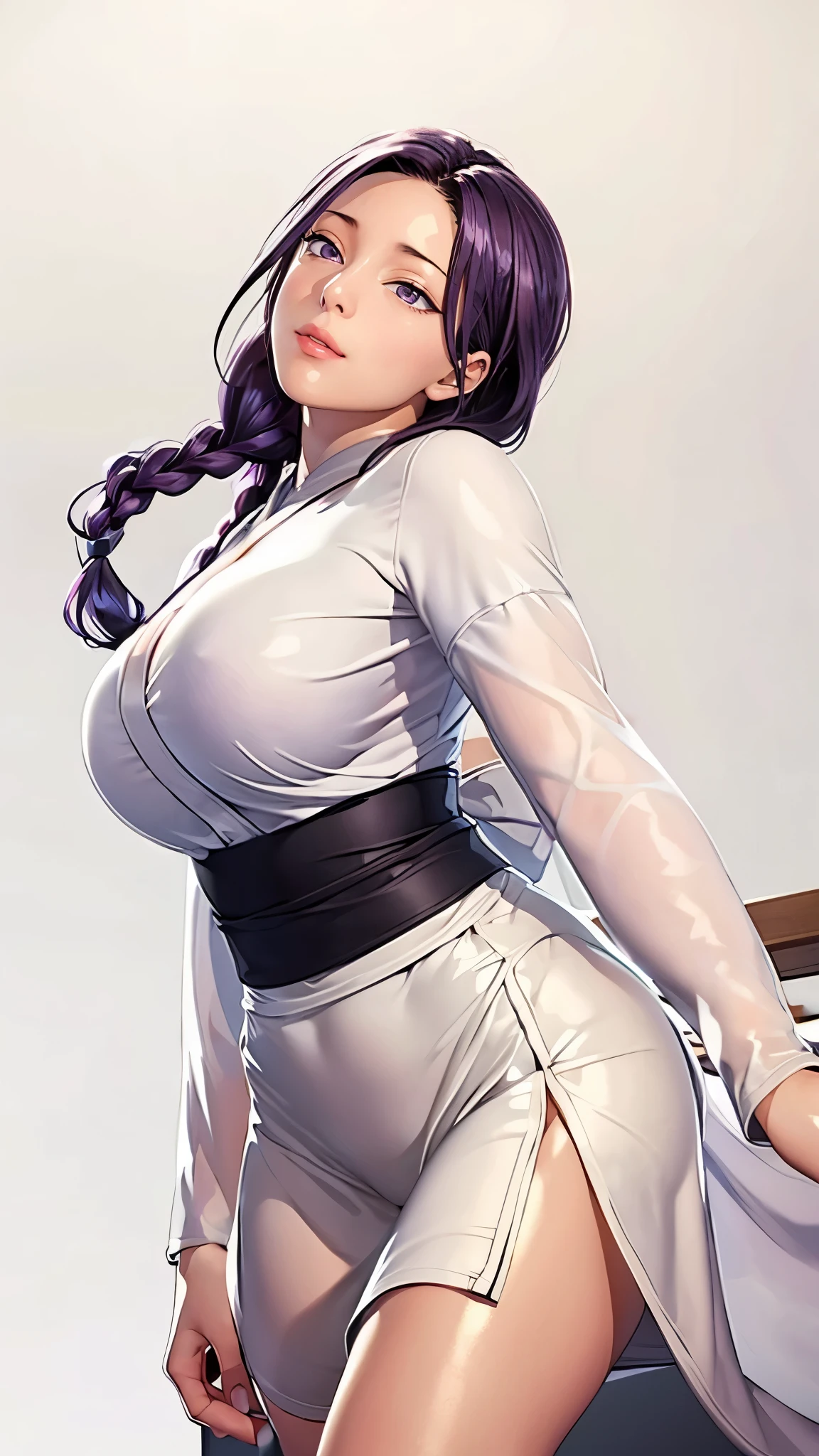 （（（完美figure，figure，solo， （（（White kimono,long sleeves, wide sleeves, ））），（（（purple hair, long hair, hair pulled back,parted lips,purple eyes, Single braid,））），((masterpiece)),high resolution, ((Best quality at best))，masterpiece，quality，Best quality，（（（ Exquisite facial features，Looking at the audience,There is light in the eyes，(（（lol，Happy，））），））），（（（Light and shadow，Huge breasts））），（（（Looking at the camera，White background，Sitting astride，Open your legs，From below，Looking up)）））