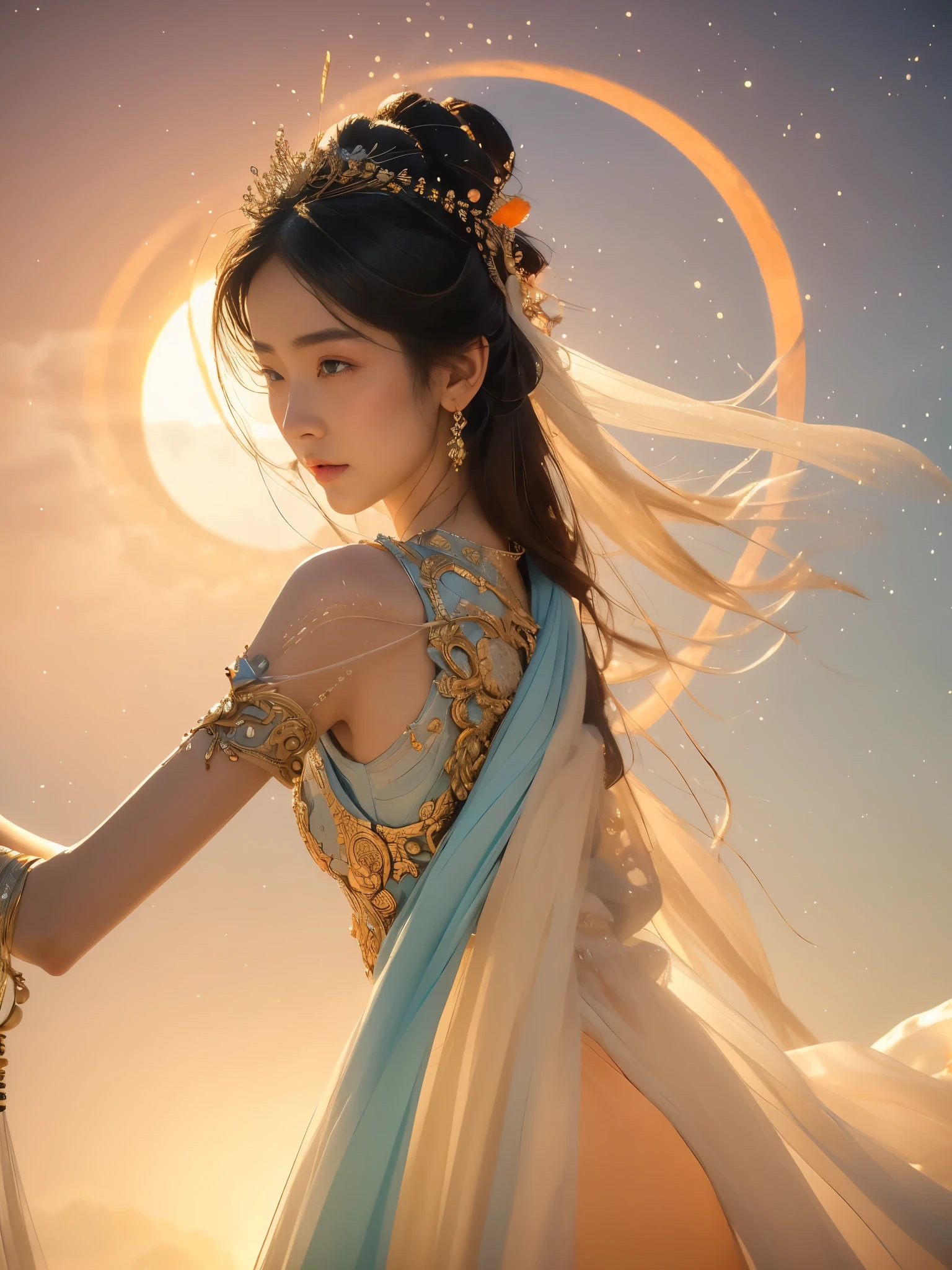 Delicate face, delicate eyes,The mythical story of Nuwa mending the sky,Chinese Myths and Stories,She refined five-colored stones to repair the sky;Prevented flooding。Deep background,absurd,marvelous,incredible,epic composition,(Intricate details,Super detailed:1.2),Super real photos, epic般的现实主义, ((Neutral Color)),(Pastel colors:1.2), Surrealism, + Movie鏡頭 + dynamic composition, Extremely detailed, Sharpen, Movie, Warm lamps, Lighting Effects, Dramatic light, (Intricate details:1.1), Complex background, (Greg Rutkowski:0.8), (Cyan and Orange:0.3),epic,