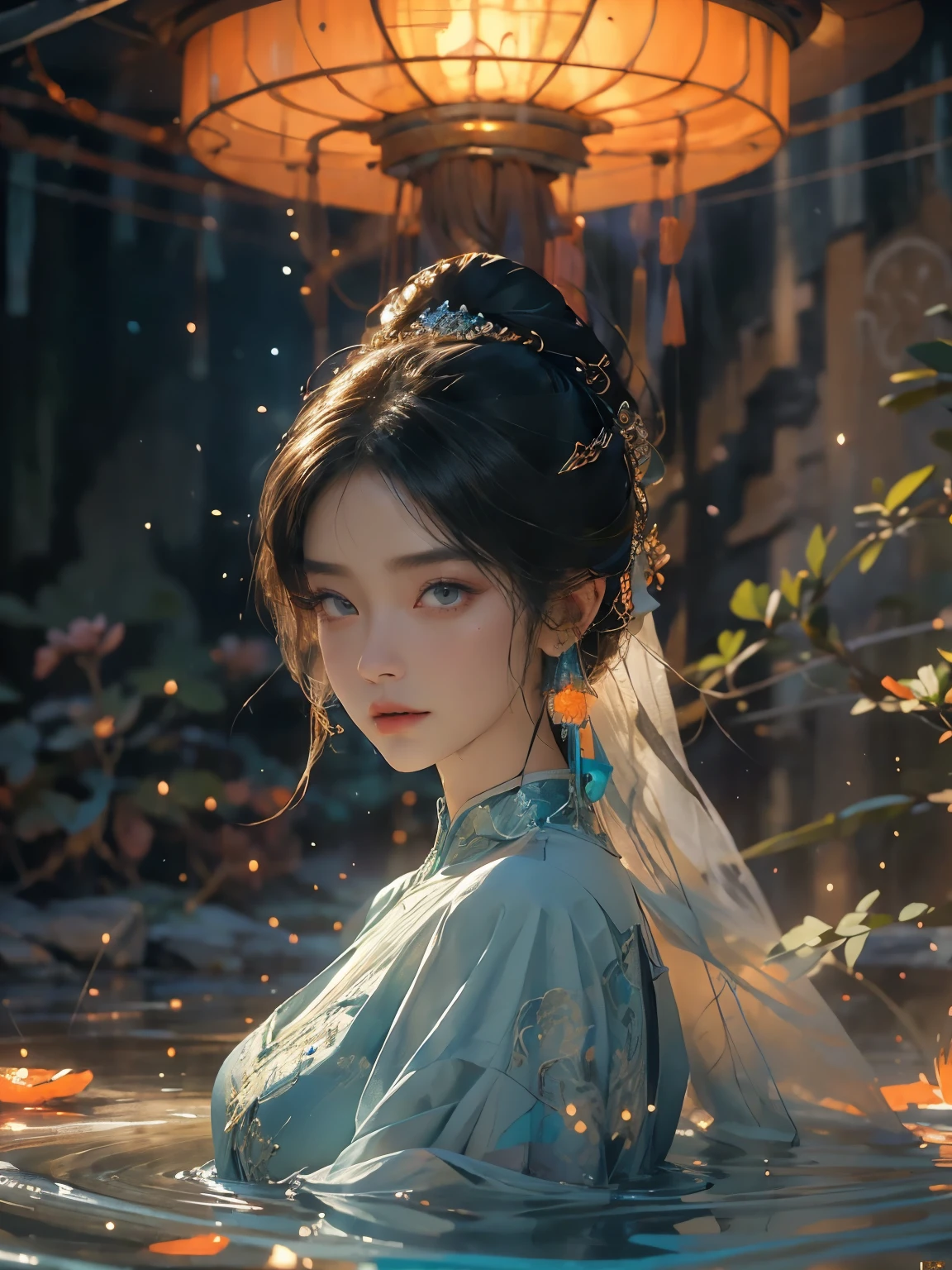 Delicate face, delicate eyes,The mythical story of Nuwa mending the sky,Chinese Myths and Stories,She refined five-colored stones to repair the sky;Prevented flooding。Deep background,absurd,marvelous,incredible,epic composition,(Intricate details,Super detailed:1.2),Super real photos, epic般的现实主义, ((Neutral Color)),(Pastel colors:1.2), Surrealism, + Movie鏡頭 + dynamic composition, Extremely detailed, Sharpen, Movie, Warm lamps, Lighting Effects, Dramatic light, (Intricate details:1.1), Complex background, (Greg Rutkowski:0.8), (Cyan and Orange:0.3),epic,