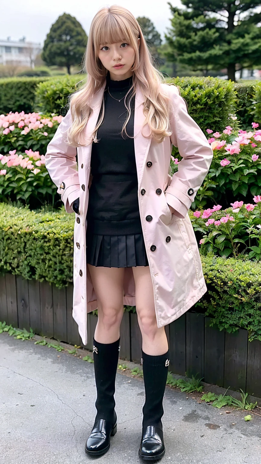 (8k、RAW Photos、highest quality、masterpiece:1.2)、(Realistic、Realistic)、1 girl、((Pink Coat、Blonde、Black Mini Skirt、Knee socks、、Big Breasts、boots、whole body、garden、View from the front、Looking into the camera、Standing with hands on hips))、