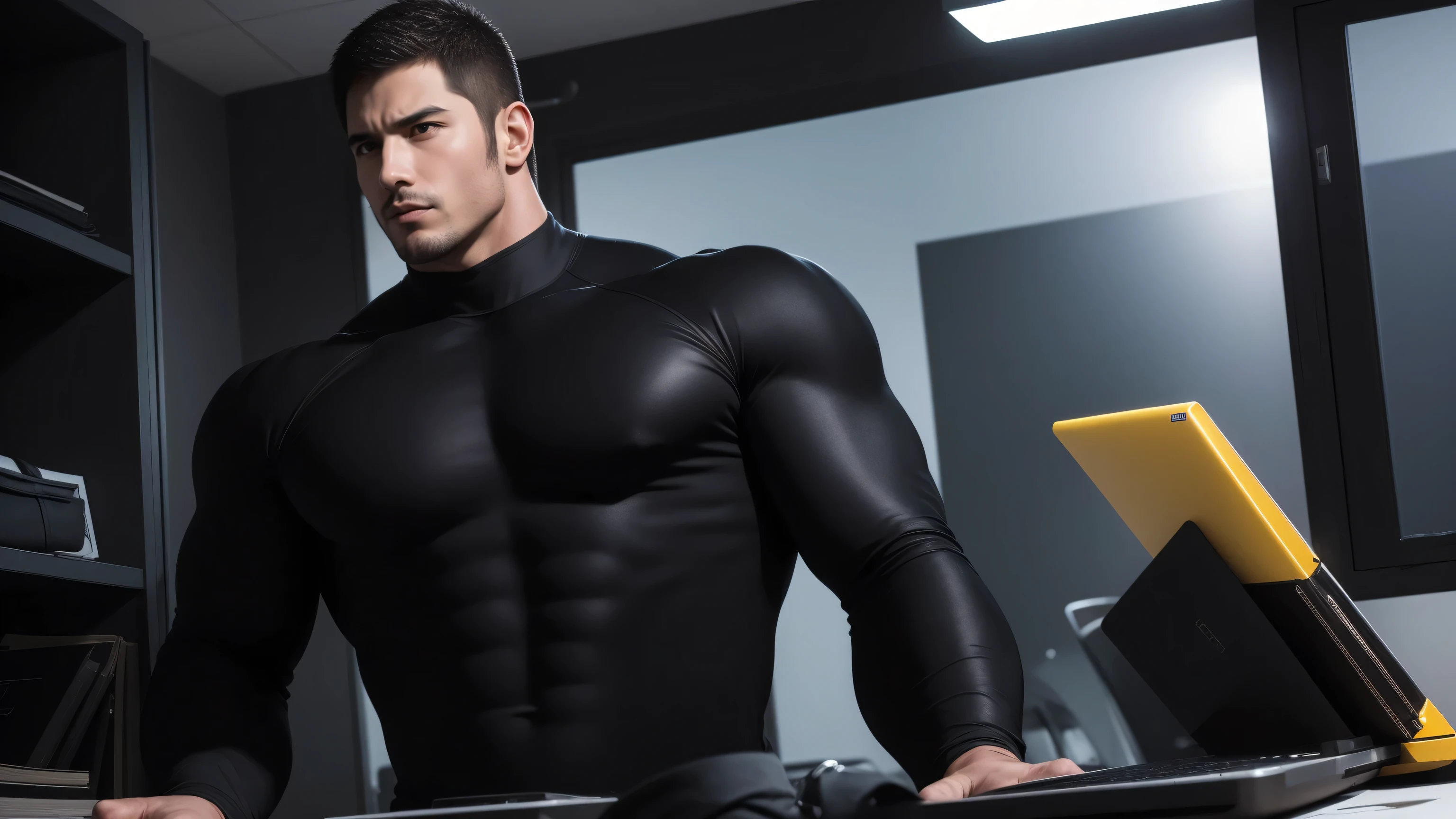 1 super muscular man, sunglasses,Sitting in the office,Work with a laptop,Wear sunglasses,Buzz Cut,In a luxurious office, Wear a long-sleeved, deep turtleneck bodysuit, Thickened warm elastic texture,Clothes are very dirty with mud stains,The expression is arrogant, Thick thighs, Messy hair, High-necked long-sleeved dark yellow high-necked tights, very tight, Regular symmetrical pattern, Highlight muscles, Police uniform pants, character concept(Resident Evil - Chris Redfield, Chris Redfield)A proud expression, Deep and charming eyes, Heroic male pose, tall Burly, muscular!muscular thighs, tough guy, perfect facial features, High, Burly, Heqiang, Super polished and cool, High Resolution Committee, Charismatic, Sunlight through the window, shine on body