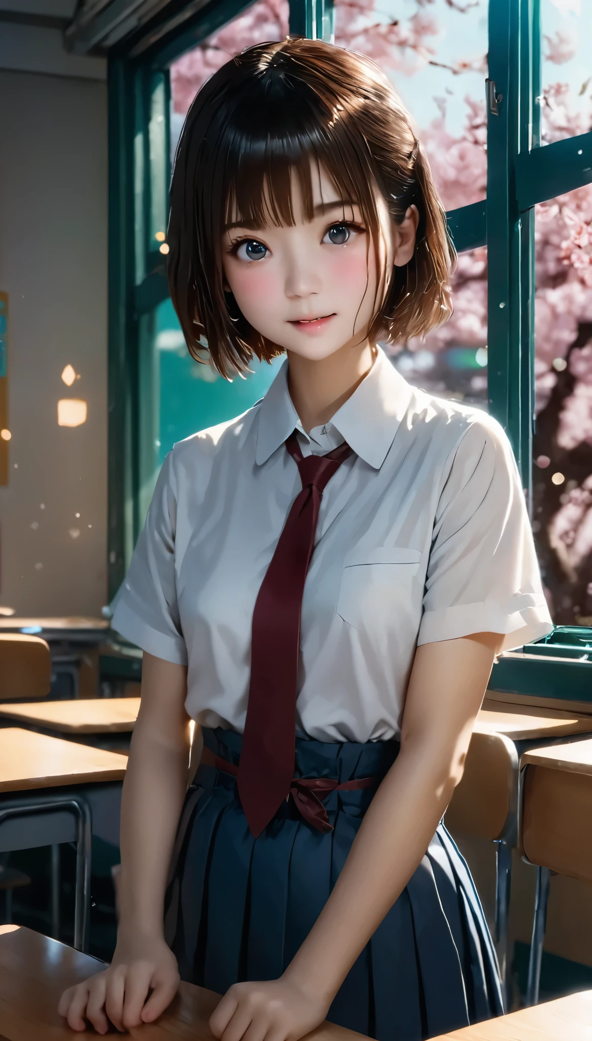 (Tabletop, highest quality:1.2), 8k, 18-year-old, 85mm, Official Art, RAW Photos, Absurd, White dress shirt, Cute Face, close, Upper Body, Viola Lace, Gardenia, beautiful girl, (Dark red tie:1.1)、(Navy Pleated Skirt:1.1), Cinch waist, Thighs, Short sleeve, classroom, ponytail、short hair、short hair、high school girl、 Looking at the audience, No makeup, (smile:0.4), Film Grain, chromatic aberration, Sharp focus, Face Light, Bright lighting, Teen, Cinematic Lighting Effects、Charm、Cute and quirky、Fantasy art、Bokeh、Soft lighting、4K resolution、 Photorealistic Rendering、Very detailed、A realistic masterpiece、Professional photography、 ((背景のBokeh,日本の学校のclassroom、classroom、Cherry tree seen from the window))、
