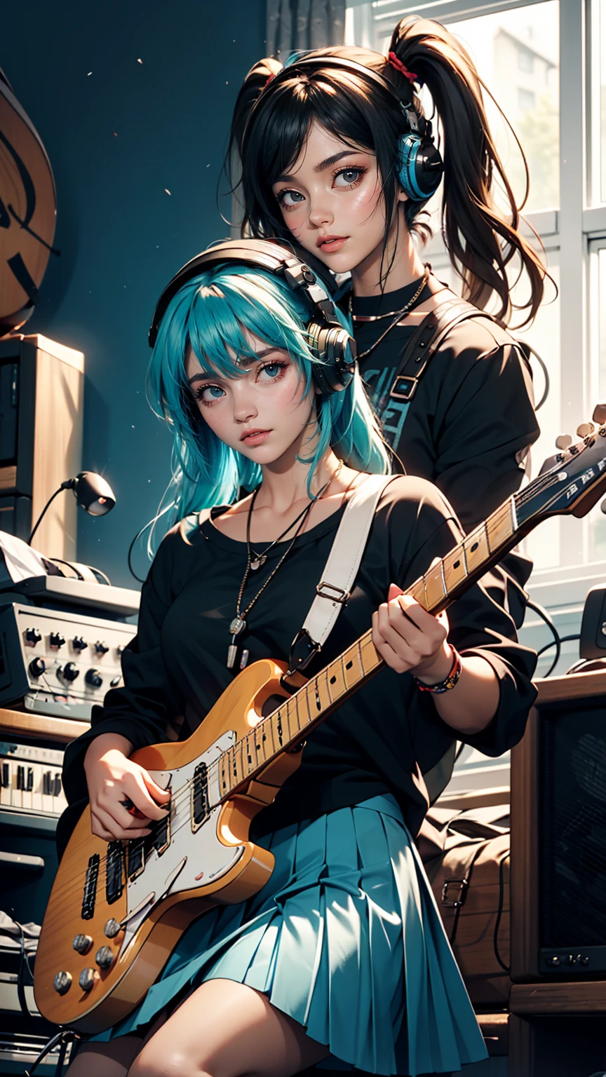 ((masterpiece, highest quality))One Girl, alone, Black Dress, blue eyes, electric guitar, guitar, Headphones, Double Ponytail, Holding, Holding plectrum, musical instrument, Long Hair, music, One side up, Turquoise Hair, Twin tails, guitarを弾く, Pleated skirt, Black Shirt, interior、Lower milk visible