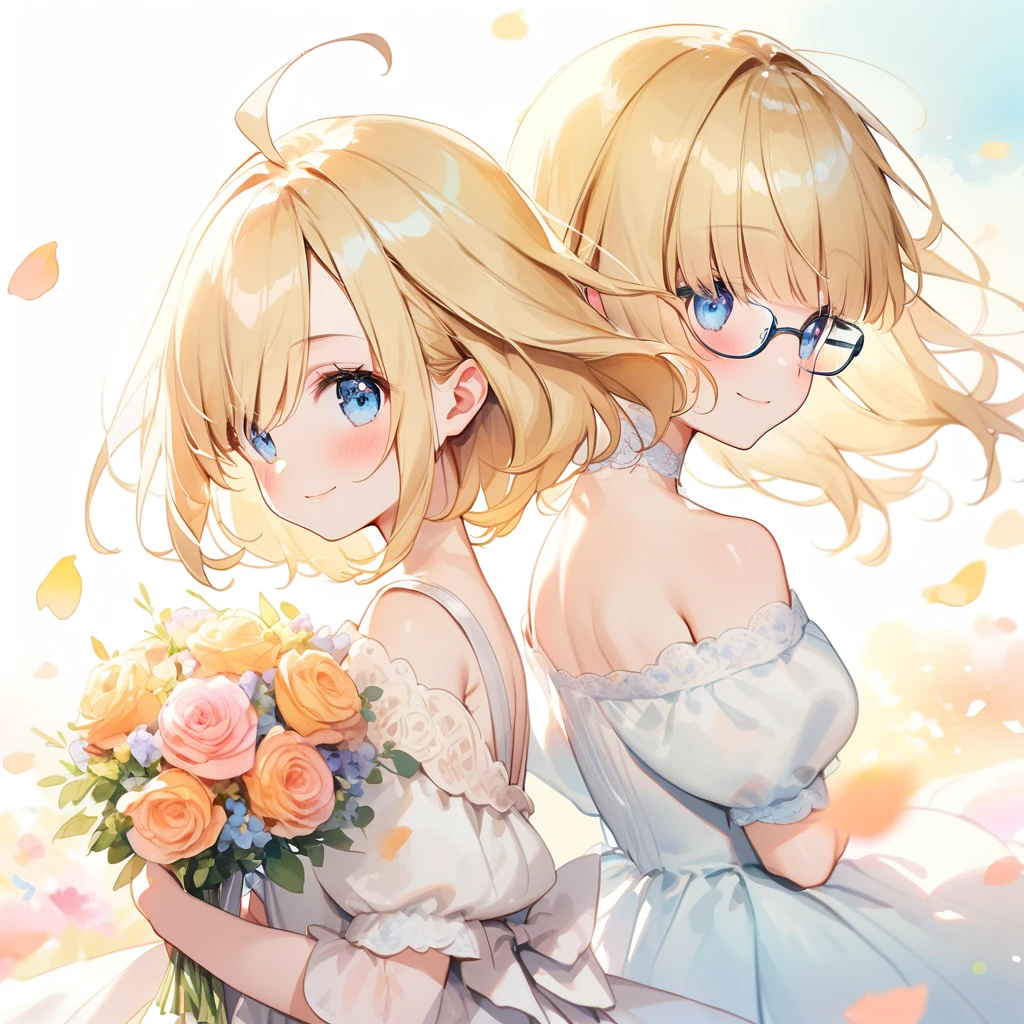 wedding, wedding dress, ((watercolor)), ((s)), ((2girls)), ((loli face))ue eyes, beautiful detailed eyes, glossy blonde hair, ahoge, happy smile, long hair and short hair, glasses, elf, blush, pastel color background, ((petals:1.3)), (windy:1.5), bouquet, ((soft light:1.5)), off shoulder, ((blunt bangs and forehead)), ((hair over eyes:1.3)), back to back