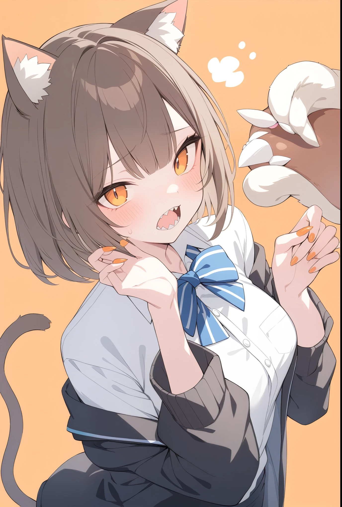 masterpiece, highest quality,
One girl, alone, Animal ears, bow, teeth, Jacket, tail, Open your mouth, Brown Hair, Orange background, bowtie, orange nails, Simple Background, Cat ear, Orange eyes, blue bow, Animal earsの毛, cat tail, View Viewer, Upper Body, shirt, , Food, Striped bow, Striped, white shirt, black Jacket, blue bowtie, nail, Long sleeve, Cat girl, bangs, tooth, collared shirt, Striped bowtie, short hair, tongue, Foodie, sharp teeth, Facial blemishes, nailのポーズ