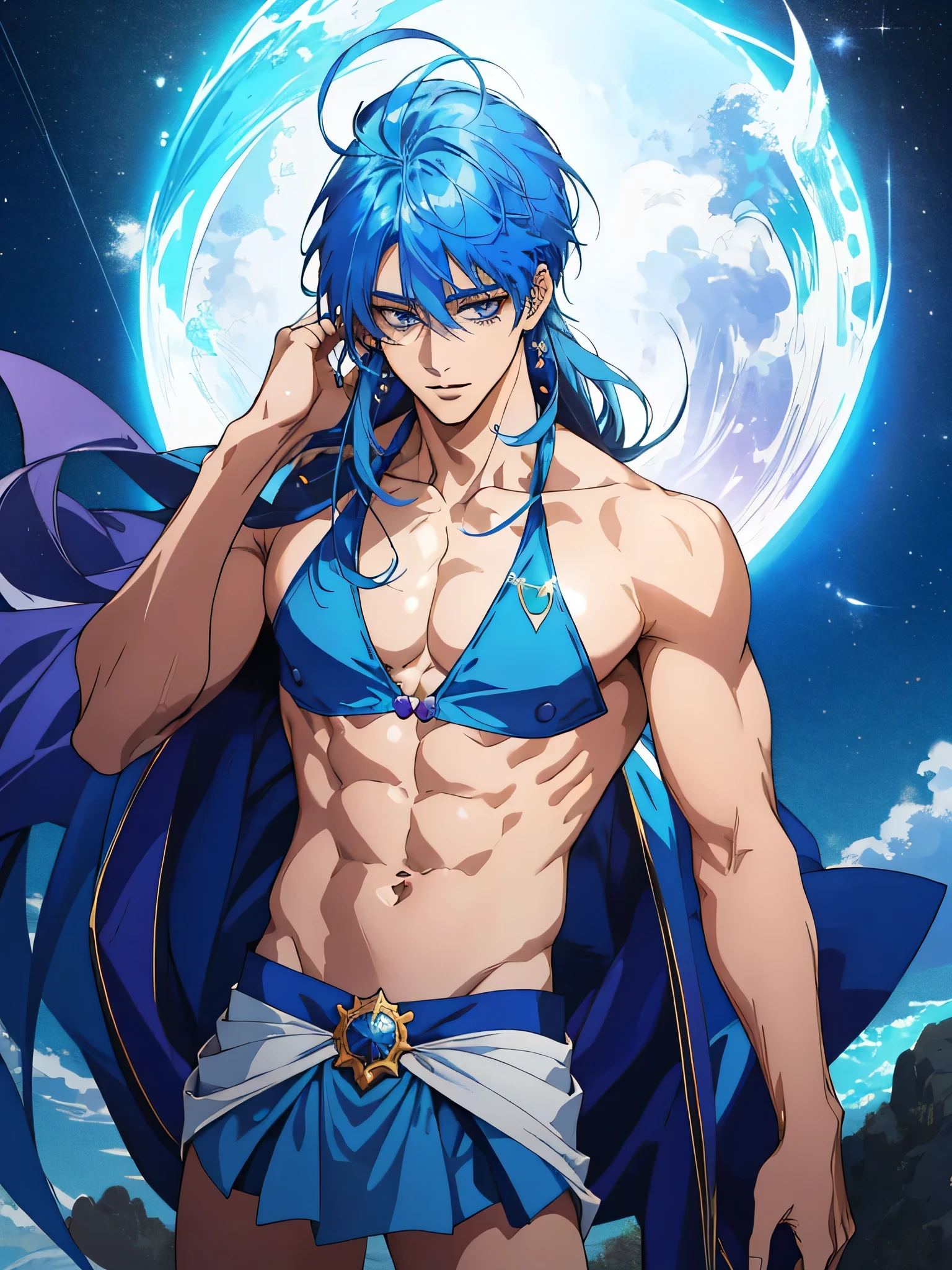 Close-up of a blue-haired cartoon male character, Beautiful Celestial Mage, Heavenly Aura, solo, Purple cyan long hair boy, Knight of Zodiac Boy, Sparkling Magical Boy, Royal Elegant Pose, Anime man in blue bikini, Anime man in belly button costume, Anime Prince, Blue crop top, bikini top with an blue, Blue mini skirt, bikini top with an triangle, A magical aura around him, Portrait of Zodiac Boy Knight, Magical Glossy Skin, at night!!, Male focus, Bare legs, Bare shoulders, Bare Arms, (male body:1.3),