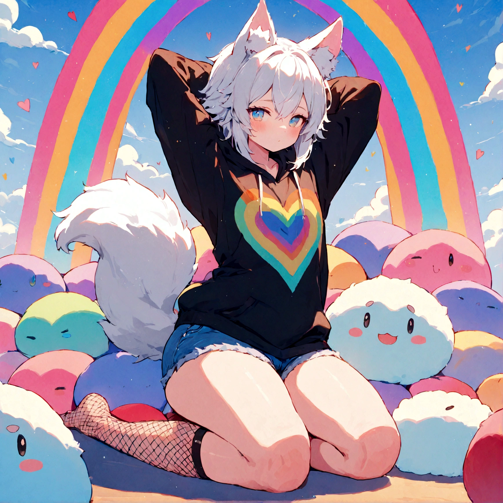 a cute adult male with wolf ears, white hair, has a wolf tail, wearing a loose cropped oversized black hoodie, wearing a pair of denim short shorts and fishnet stockings, thick thighs, wide hips, relaxing on mound of fluffy multi colored kawaii plushies, short, very slim, showing slender tummy, stretching out, heart on hoodie, squishy thighs, has glowing blue eyes. alone, solo (ALONE)(SOLO) happy, smiling