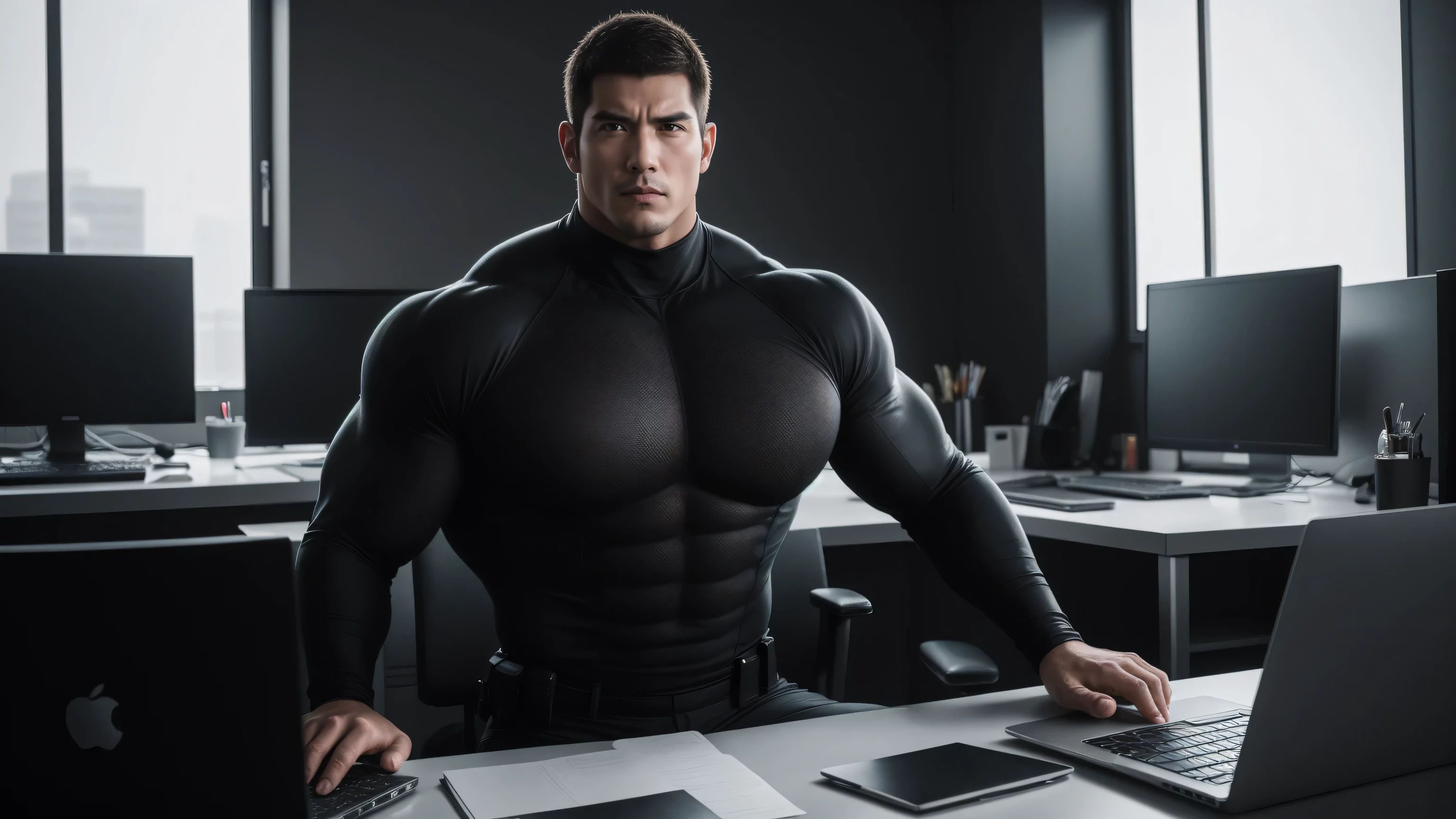 1 super muscular man, sunglasses,Sitting in the office,Work with a laptop,Wear sunglasses,Buzz Cut,In a luxurious office, Wear a long-sleeved, deep turtleneck bodysuit, Thickened warm elastic texture,Clothes are very dirty with mud stains,The expression is arrogant, Thick thighs, Messy hair, High-necked long-sleeved dark yellow high-necked tights, very tight, Regular symmetrical pattern, Highlight muscles, Police uniform pants, character concept(Resident Evil - Chris Redfield, Chris Redfield)A proud expression, Deep and charming eyes, Heroic male pose, tall Burly, muscular!muscular thighs, tough guy, perfect facial features, High, Burly, Heqiang, Super polished and cool, High Resolution Committee, Charismatic, Sunlight through the window, shine on body