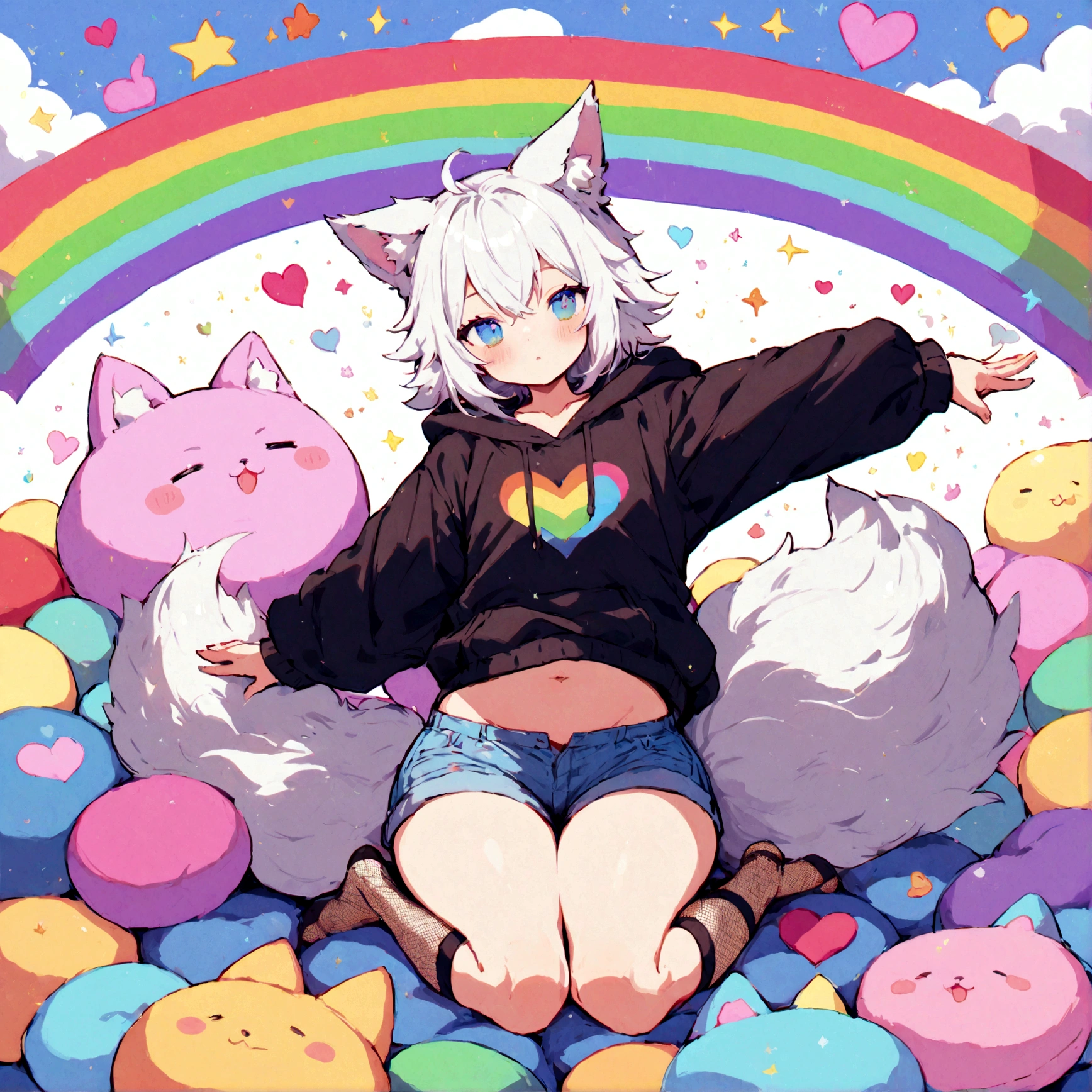 a cute adult male with wolf ears, white hair, has a wolf tail, wearing a loose cropped oversized black hoodie, wearing a pair of denim short shorts and fishnet stockings, thick thighs, wide hips, relaxing on mound of fluffy multi colored kawaii plushies, short, very slim, showing slender tummy, stretching out, heart on hoodie, squishy thighs, has glowing blue eyes. alone, solo (ALONE)(SOLO), surrounded by rainbows