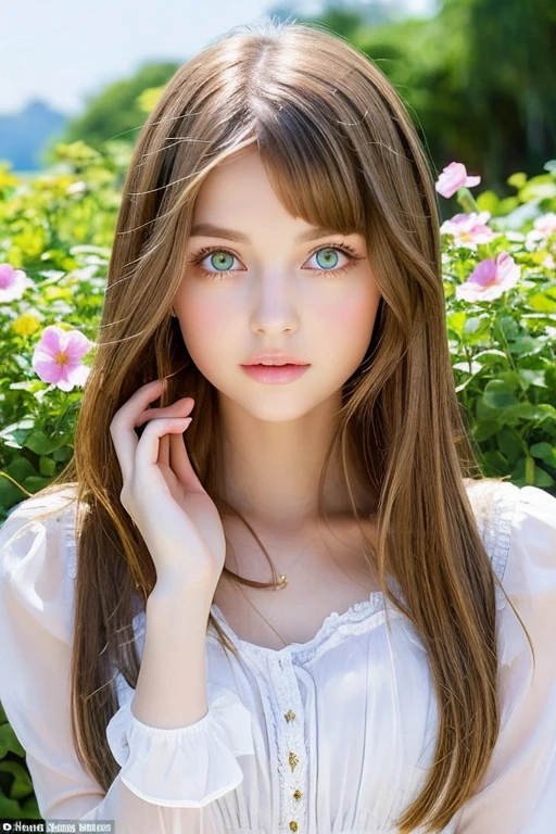 Alice from Wonderland with green eyes and brown hair among beautiful flowers and nature, sea