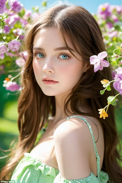 Alice from Wonderland with green eyes and brown hair among beautiful flowers and nature, sea