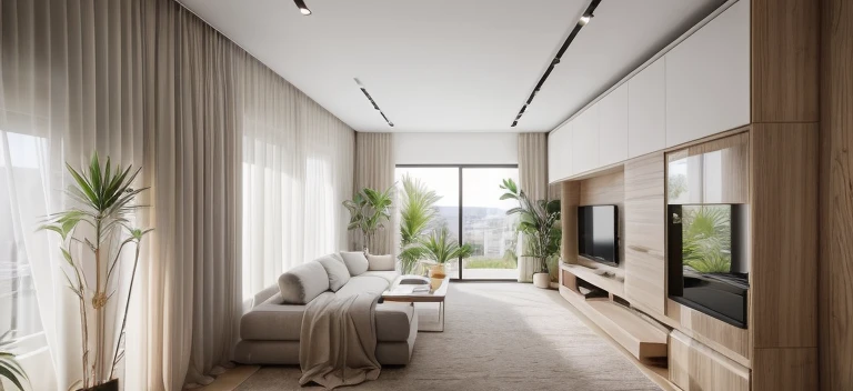 RAW photo, Masterpiece, high quality, best quality, authentic, super detailed,(( MDF furniture )), minimalist architecture, minimalist living room, couch, table, carpet, tv shelf, sofa, window, curtains,((laminated plaster,) ), sunset light)), archdaily architecture, (high detail: 1.2), 8k uhd, dslr, soft light, high quality, film grain, Fujifilm XT3