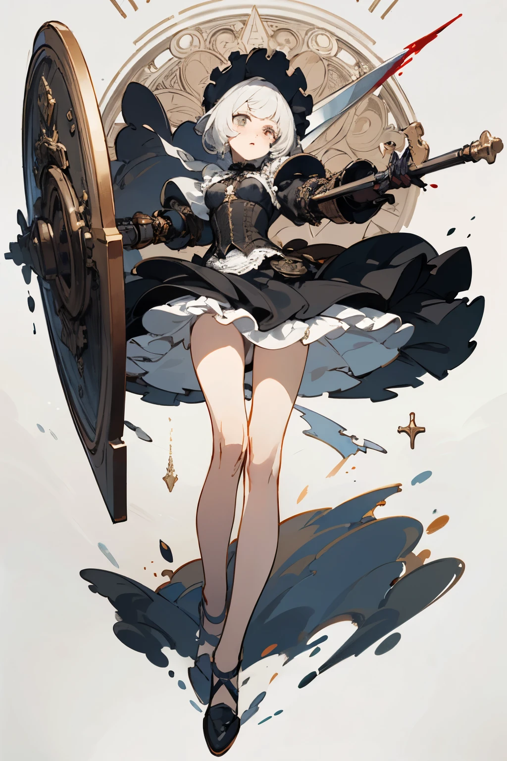 ((best quality)), ((masterpiece)), (detailed), perfect face ((best quality)), ((masterpiece)), (detailed), blank white background, plain background, white background, Bloodborne inspired, occult aesthetic, occult, detailed and intricate steampunk and detailed gothic, (zentangle, mandala, tangle, entangle), NSFW, torn clothing, Very dramatic and cinematic lighting, cosmic horror, grim-dark, side-lighting, perfect face, a beautiful goddess adorned and enshrined in armour, Bloodborne inspired , occult aesthetic , occult , detailed and intricate steampunk and detailed gothic , wielding a sword and holding a shield, NSFW, Fluttering lace flared short dress with frilly petticoats, knee length dress, pleated petticoats, lolita dress, petticoats gothic lolita, side-lighting, gothic lolita aesthetic, beautiful small breasts, small breasts, full body, whole body, body, plain background, white background, blank background, no background, white background NSFW, full body, whole body, head-to-toe