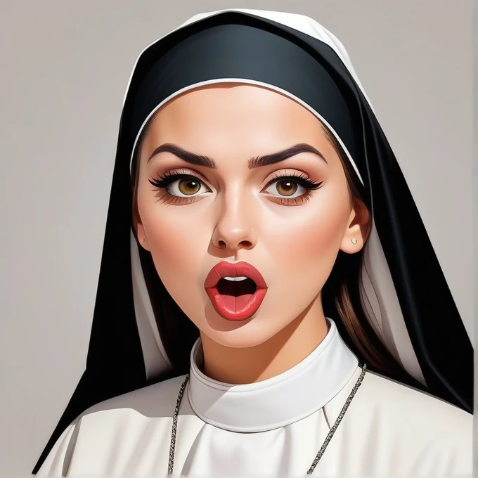Simple cartoon vector SVG top view of a sexy young catholic nun with narrowed eyes and tongue out, Ahegao, (She has great cleavage:1.4), Browsing Caution, Flat color style,  