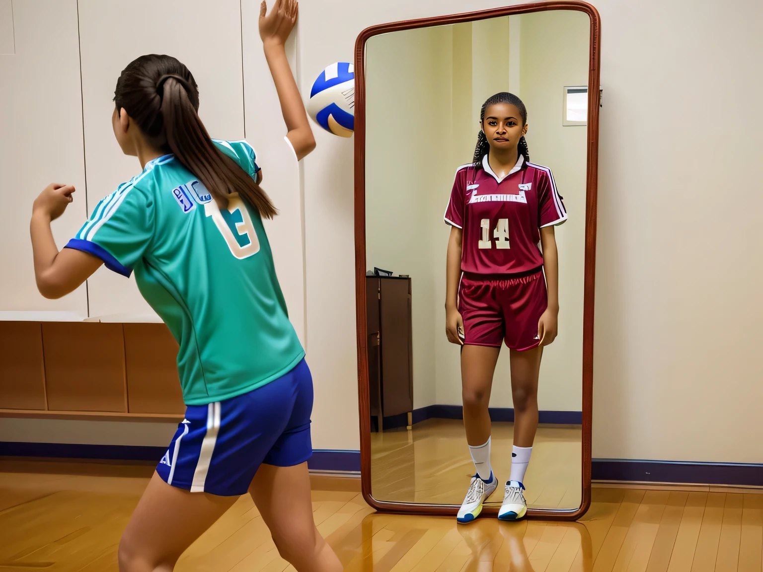 there is a woman standing in front of a mirror in a room, wearing a volleyball jersey, wearing a school soccer uniform, standing in front of a mirror, wearing track and field suit, competition winning, in shorts, aged 13, pilar, shooting, foto, indoor, very very low quality picture, estefania villegas burgos, blurry image
