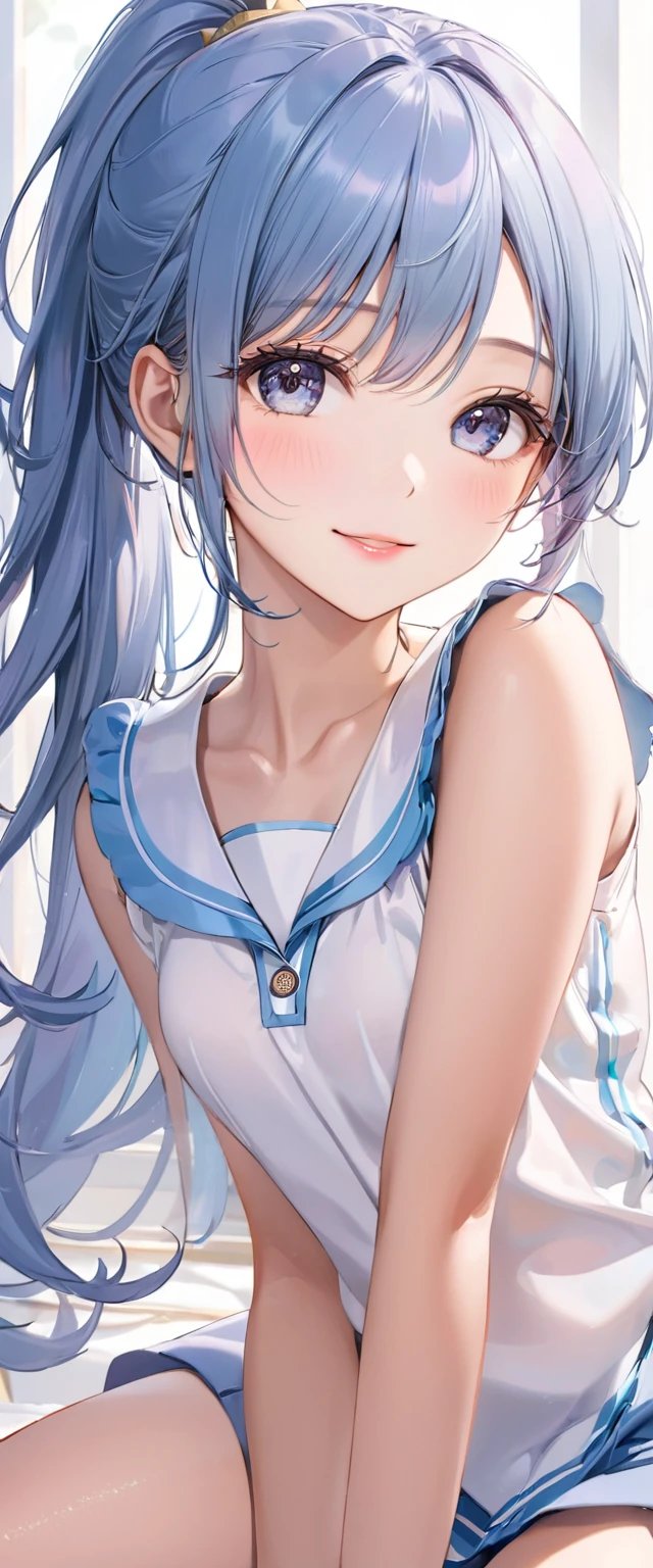 (masterpiece,highest quality,超A high resolution),japanese woman, (((very beautiful 12 year old girl))), pretty girl、look at the photographer、 ((beautiful low ponytail)), super cute face, glossy lips, double eyelids in both eyes,natural smile、 natural makeup, long eyelashes, Shiny and smooth hair、center image, perfect limbs, perfect anatomy,(((a sky blue Manchester City FC uniform)))、(((turn around and look back)),(the back of the uniform is maked with Aguero),,