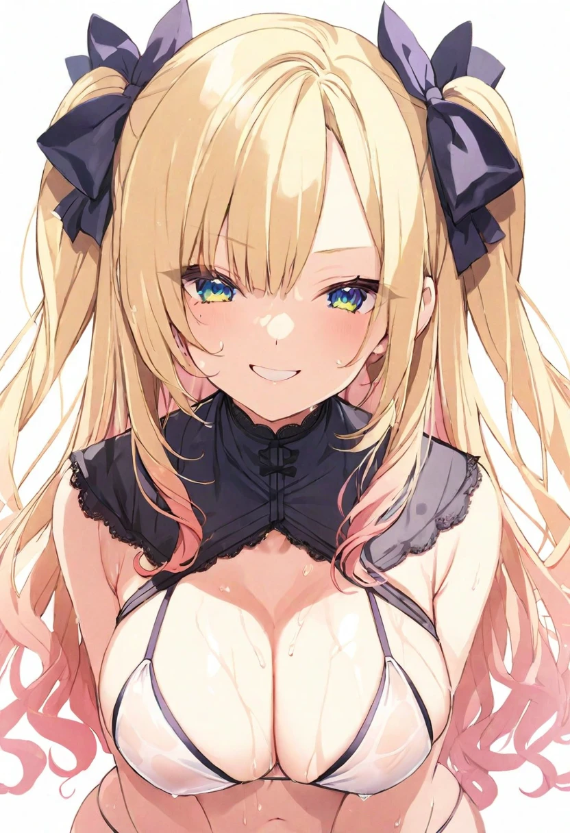 (masterpiece), (best quality), perfect face, beautiful girl, white background background, delicate and beautiful face and eyes, dark intense shadow,
1 girl, vtuber style, cool girl, hololive, Yuzuki Choco, blond hair, bikini, wet body, big chest, cropped shoulders, clavicle, winking, smile, bare feet, chest visible through clothes, ass visible through thighs, (full body), looking at viewer, standing,
