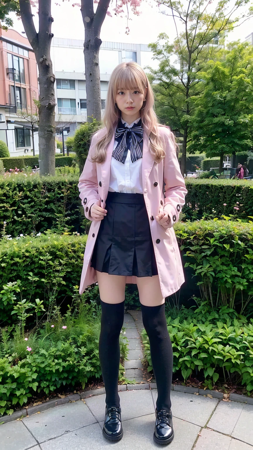 (8k、RAW Photos、highest quality、masterpiece:1.2)、(Realistic、Realistic)、1 girl、((Pink Coat、Blonde、Black Mini Skirt、Knee socks、、Big Breasts、boots、whole body、garden、View from the front、Looking into the camera、Standing with hands on hips))、
