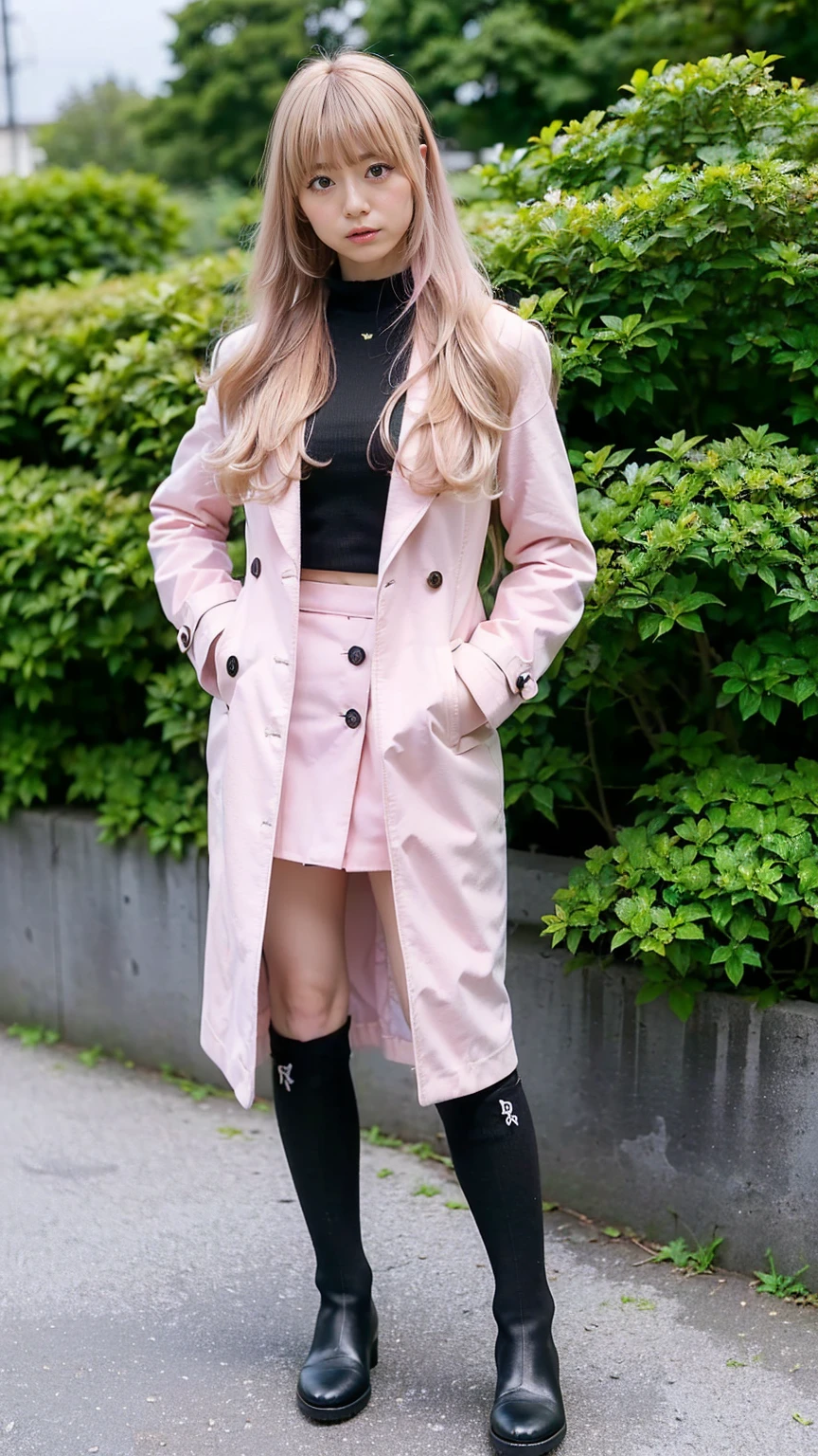 (8k、RAW Photos、highest quality、masterpiece:1.2)、(Realistic、Realistic)、1 girl、((Pink Coat、Blonde、Black Mini Skirt、Knee socks、、Big Breasts、boots、whole body、garden、View from the front、Looking into the camera、Standing with hands on hips))、